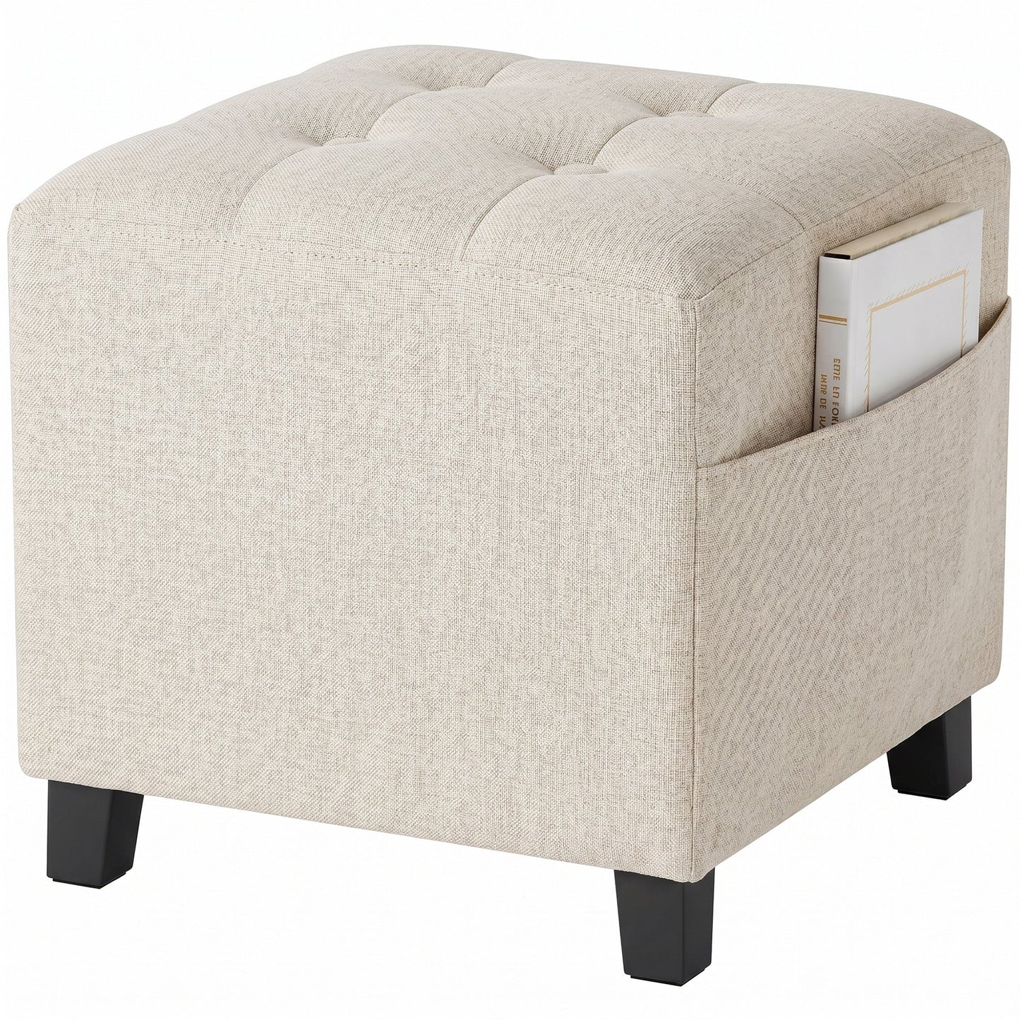 Square Footstool, Small Ottoman with Side Pocket, Linen-look Fabric Footrest Foot Stool with Rubber Wood Legs and Padded Seat for Living Room, Bedroom, Entryway, 35 x 35 x 35cm, Beige