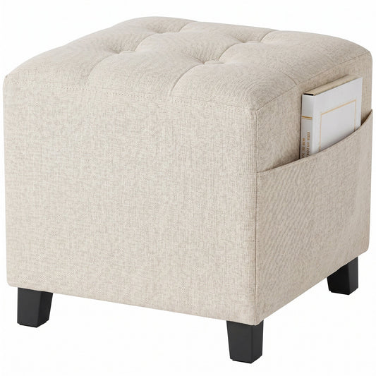 Square Footstool, Small Ottoman with Side Pocket, Linen-look Fabric Footrest Foot Stool with Rubber Wood Legs and Padded Seat for Living Room, Bedroom, Entryway, 35 x 35 x 35cm, Beige