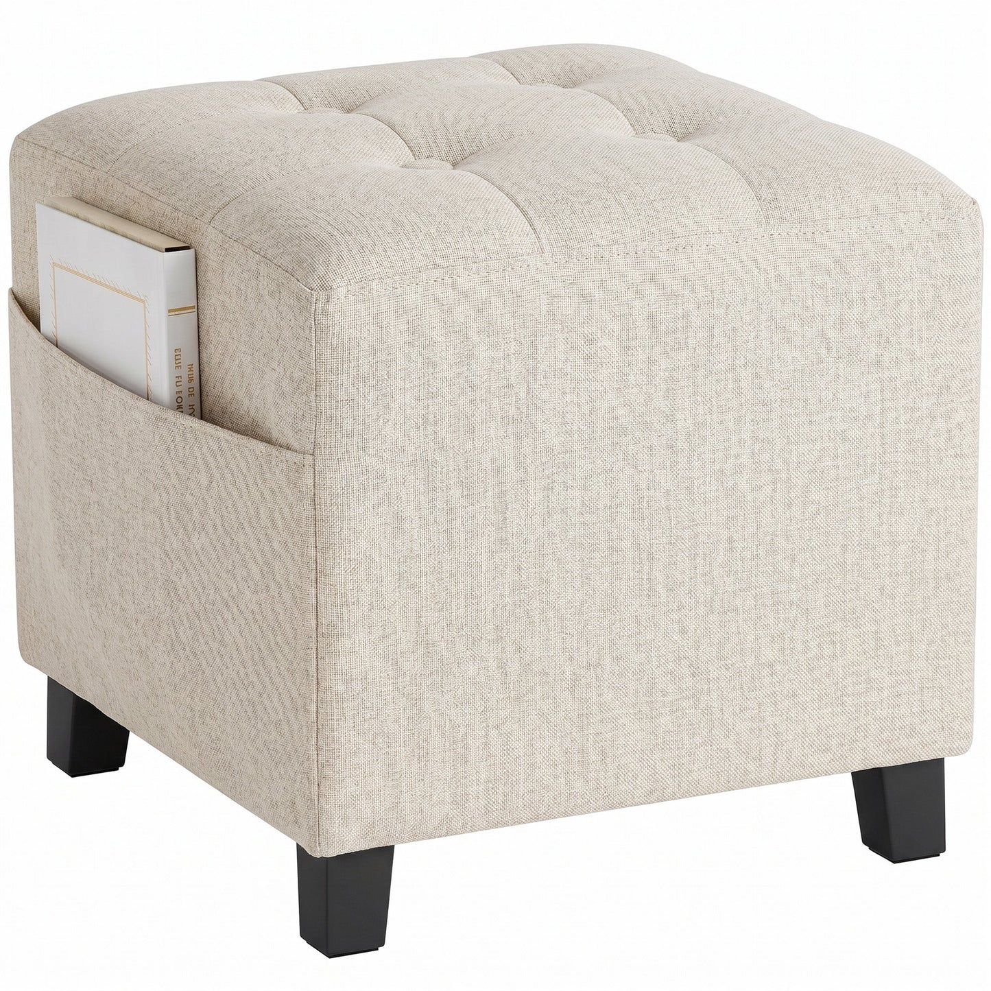Square Footstool, Small Ottoman with Side Pocket, Linen-look Fabric Footrest Foot Stool with Rubber Wood Legs and Padded Seat for Living Room, Bedroom, Entryway, 35 x 35 x 35cm, Beige
