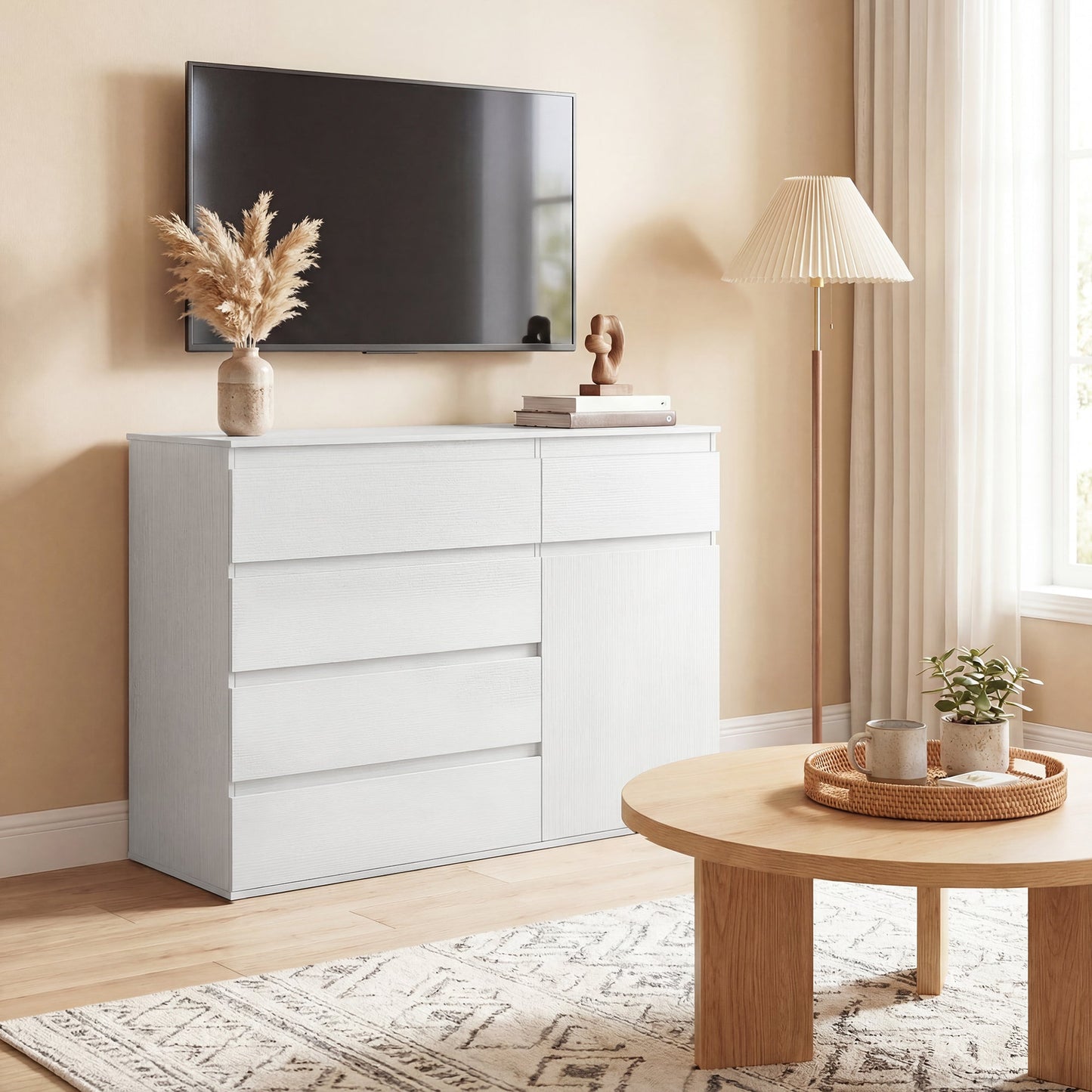Modern Sideboard, Sideboard Storage Cabinet with 5 Drawers, Adjustable Shelf, Soft-Close Door, Storage Cupboard for Dining Room, Kitchen, Living Room, White