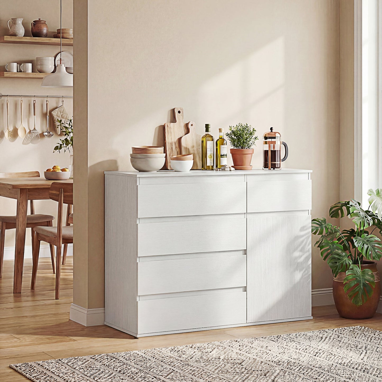 Modern Sideboard, Sideboard Storage Cabinet with 5 Drawers, Adjustable Shelf, Soft-Close Door, Storage Cupboard for Dining Room, Kitchen, Living Room, White