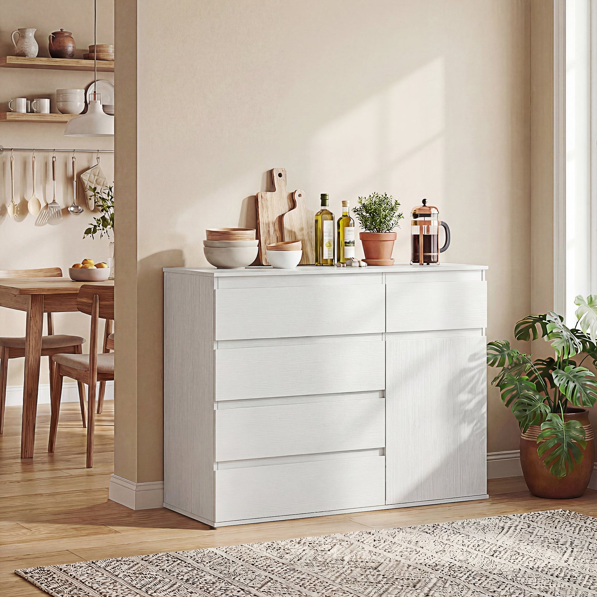 Modern Sideboard, Sideboard Storage Cabinet with 5 Drawers, Adjustable Shelf, Soft-Close Door, Storage Cupboard for Dining Room, Kitchen, Living Room, White