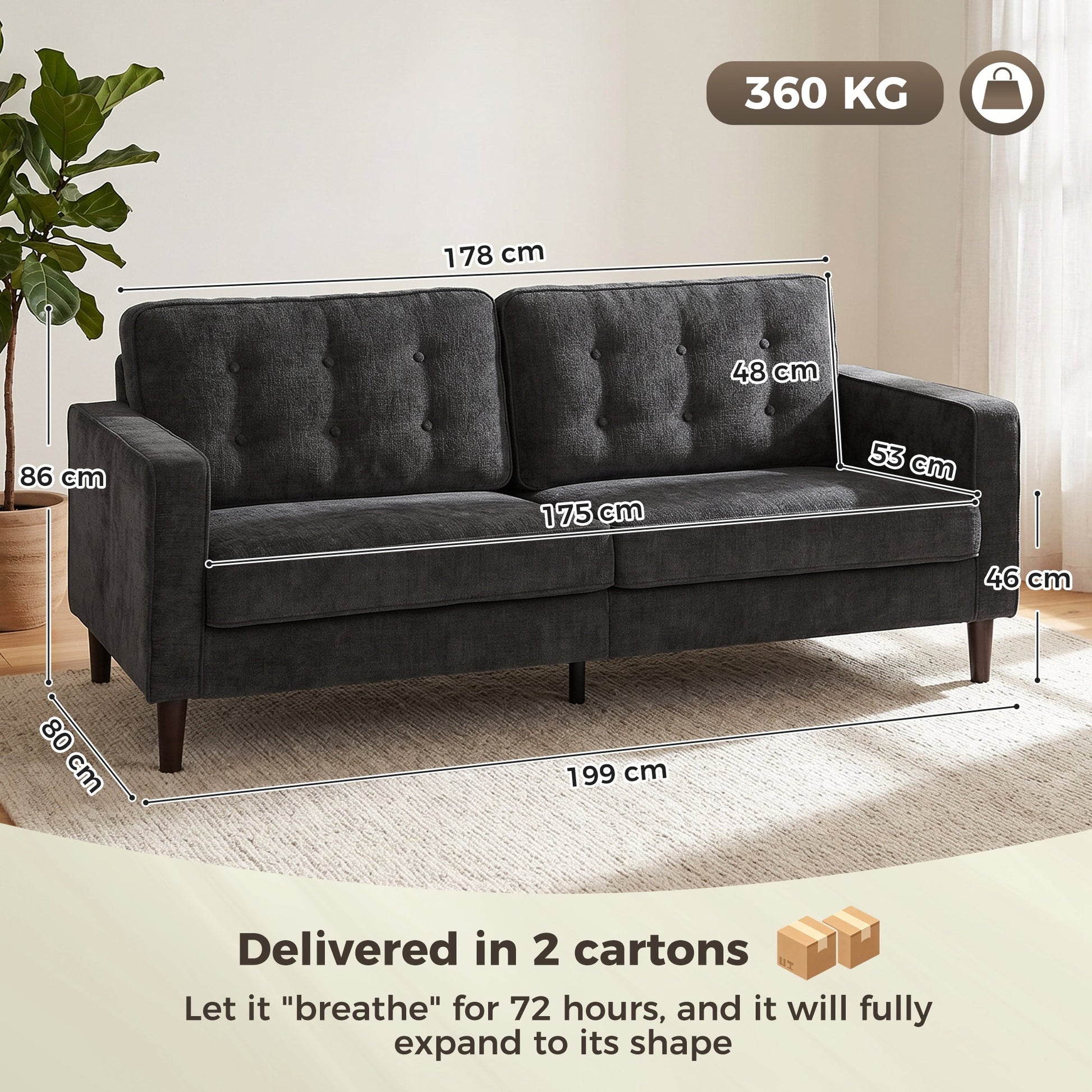 3 Seater Sofa, Upholstered Small Couch for Bedroom, Modern Futon Sofa Settee with Padded Cushion, Button Tufting and Wood Legs for Living Room, Dark Grey