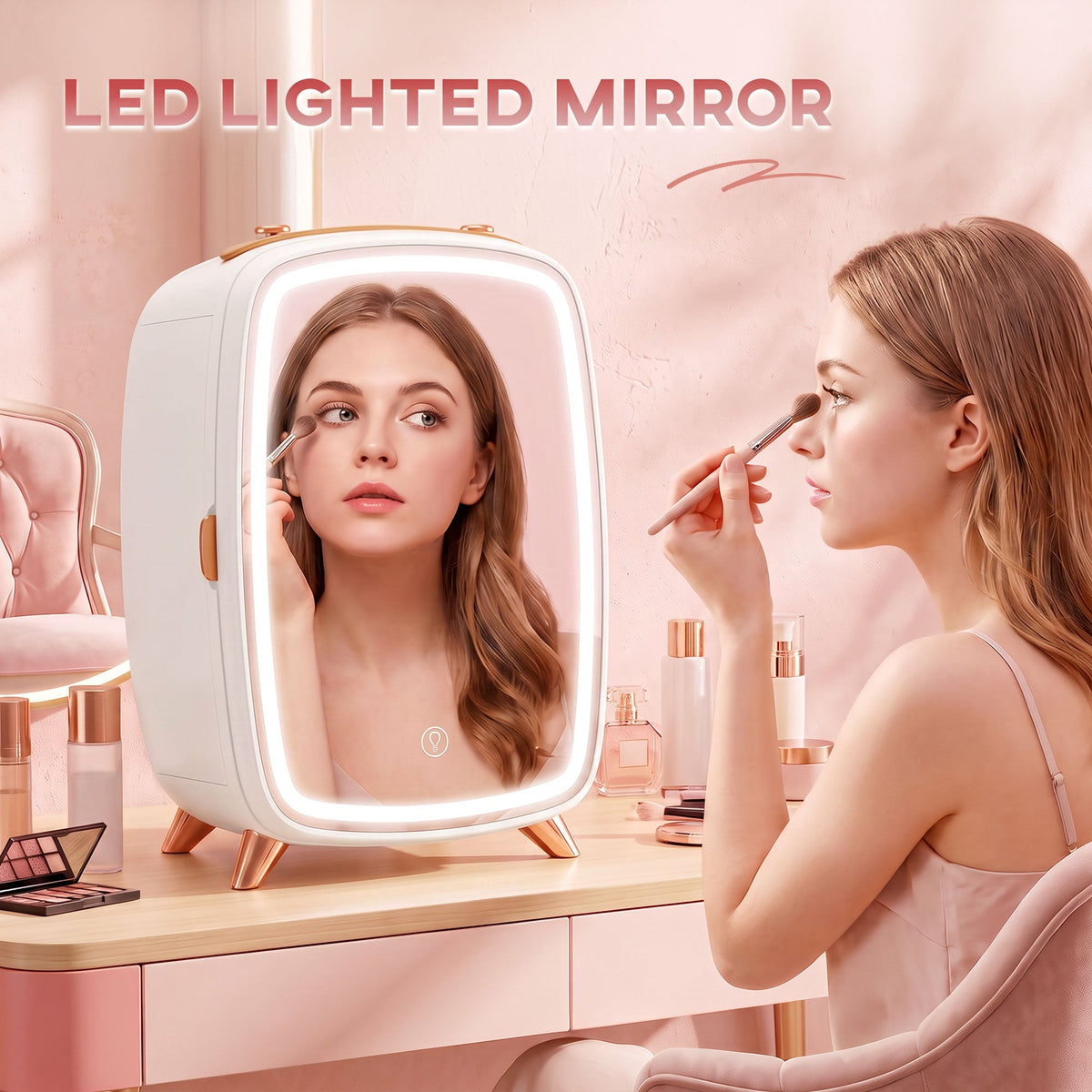 6L Mini Cosmetic Fridge with LED Mirror, Cooling Function, Skincare Refrigerator for Bedroom, Skincare, Office, White