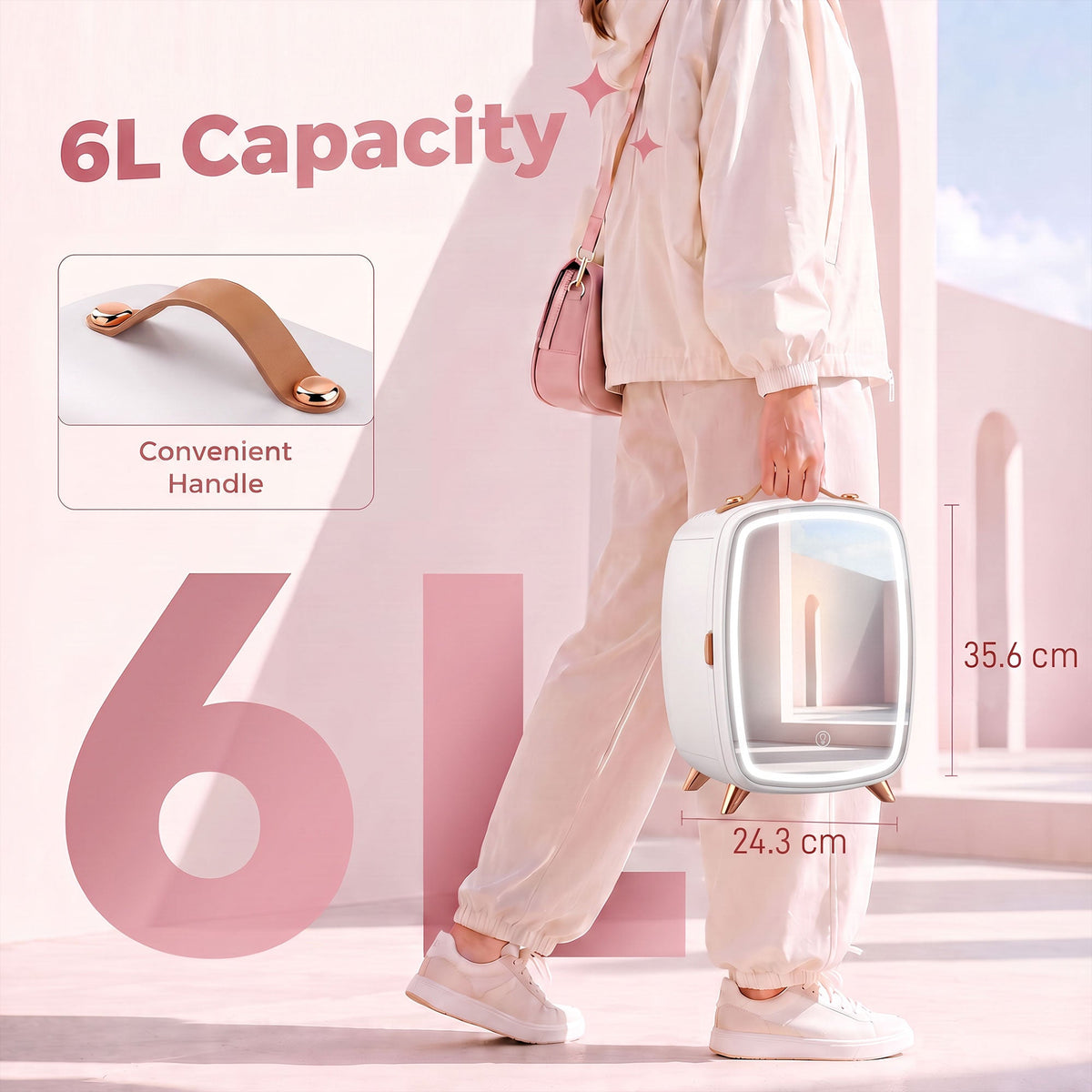 6L Mini Cosmetic Fridge with LED Mirror, Cooling Function, Skincare Refrigerator for Bedroom, Skincare, Office, White