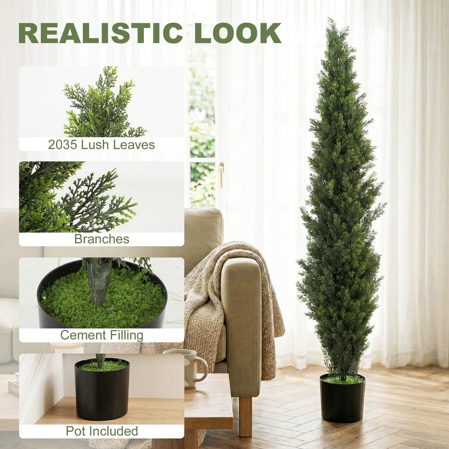 Set of 2 Decorative Artificial Plants Cypress in Weighted Pot, 150 cm Tall Fake Plant with 2035 Leaves for Home Indoor Outdoor Decor