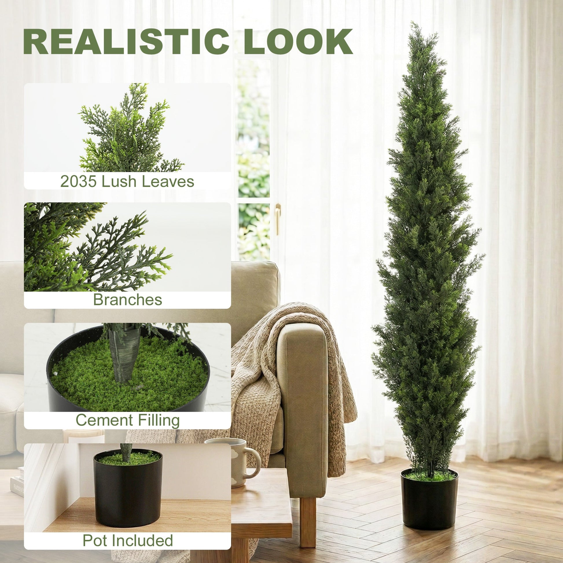 Set of 2 Decorative Artificial Plants Cypress in Weighted Pot, 150 cm Tall Fake Plant with 2035 Leaves for Home Indoor Outdoor Decor