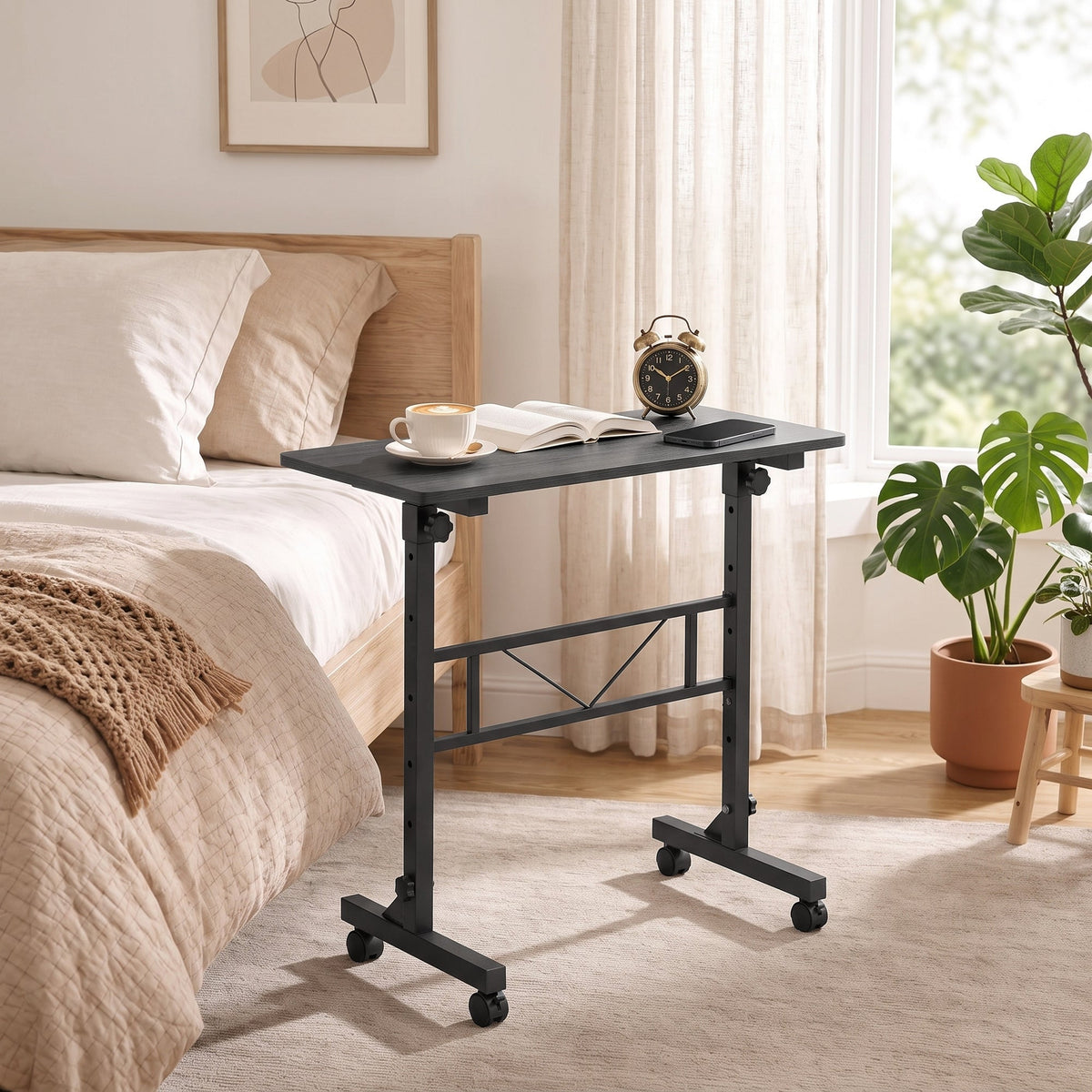 Overbed Table With Wheels and Brakes, Adjustable Height Laptop Desk, Portable Hospital Bed Table with Steel Frame for Living Room, Bedroom and Study, Black