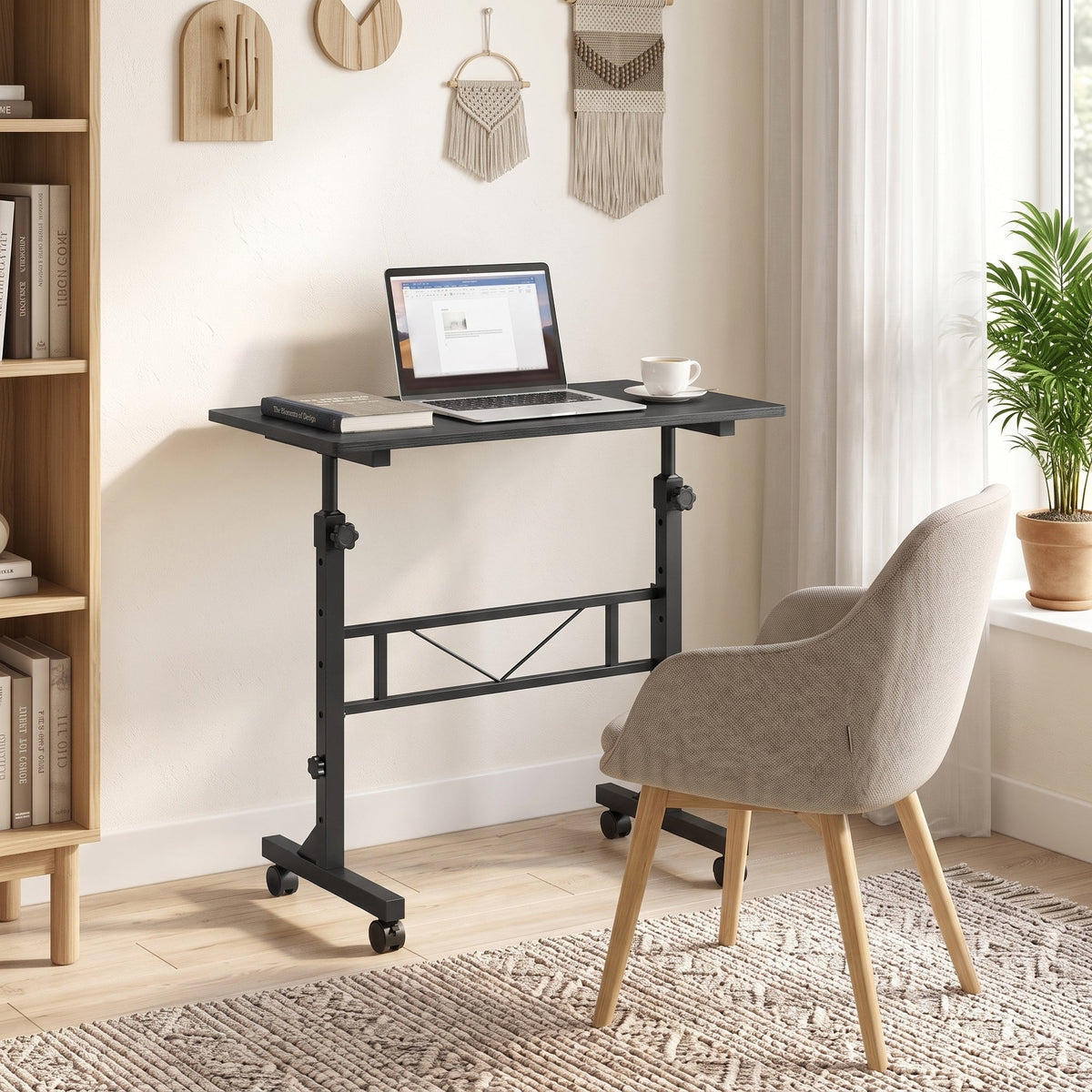 Overbed Table With Wheels and Brakes, Adjustable Height Laptop Desk, Portable Hospital Bed Table with Steel Frame for Living Room, Bedroom and Study, Black