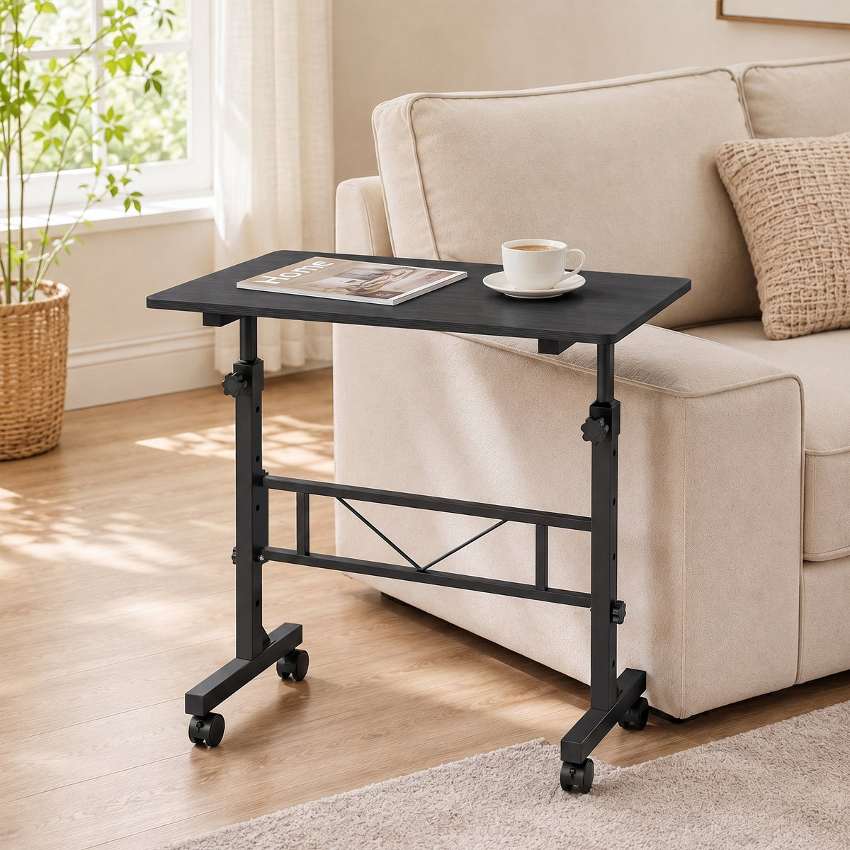 Overbed Table With Wheels and Brakes, Adjustable Height Laptop Desk, Portable Hospital Bed Table with Steel Frame for Living Room, Bedroom and Study, Black