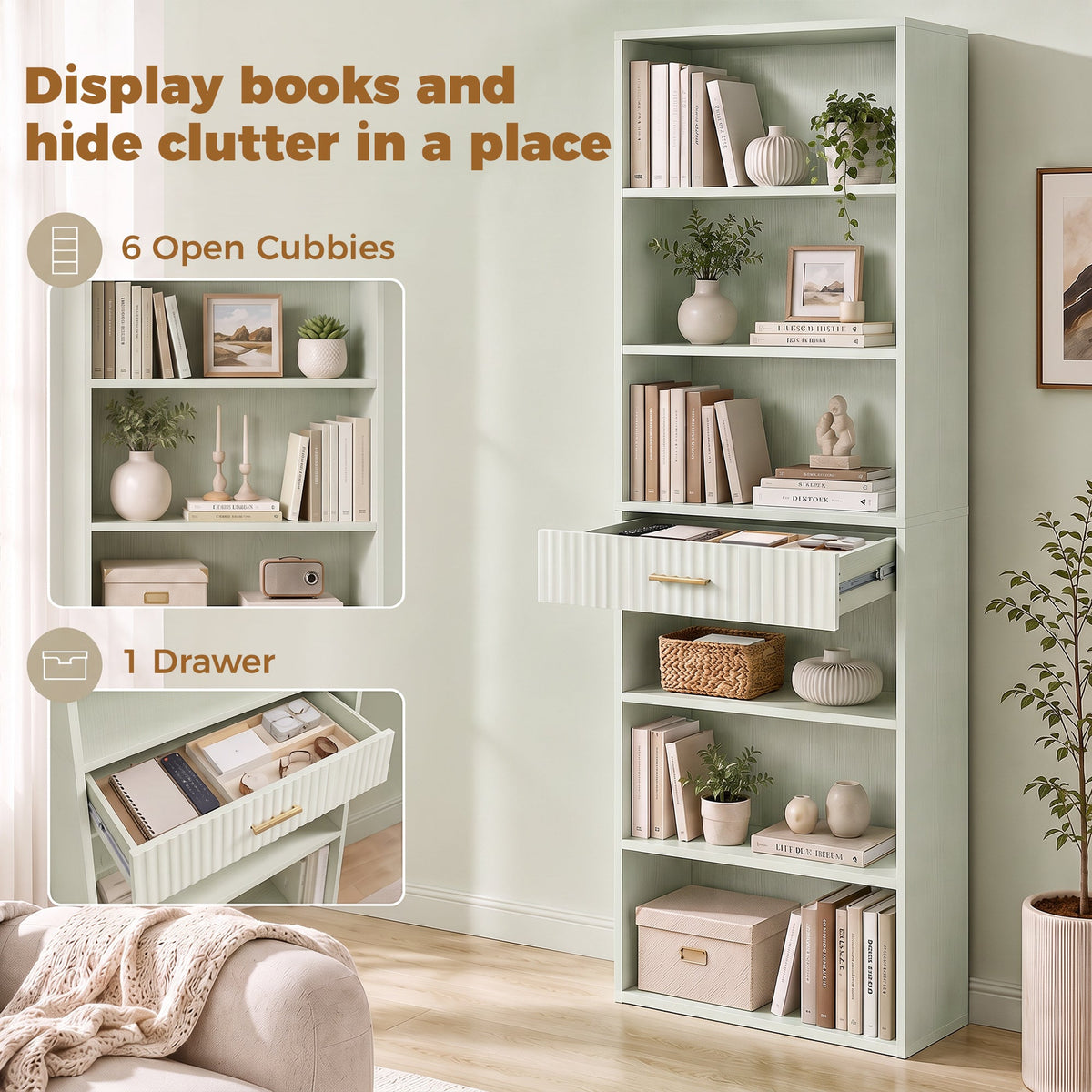 Tall Bookcase with Cubes, 7-Tier Bookshelf with Drawer, Freestanding Shelving Unit, 60 x 24 x 182 cm, Space-Saving for Study, Home Office, Living Room, Light Green