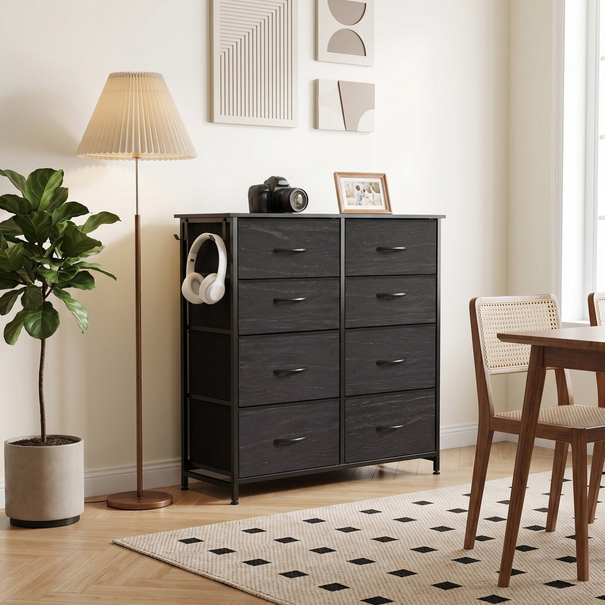 Chest of Drawers, Dresser for Bedroom with 8 Fabric Drawers, Tall Storage Unit with 4 Pockets, 2 Hooks and Steel Frame for Living Room, Hallway, Black