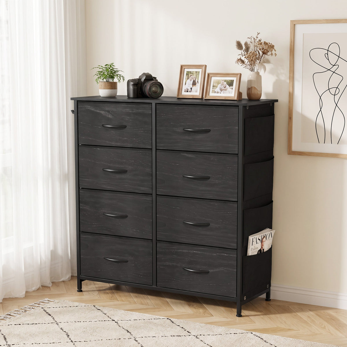 Chest of Drawers, Dresser for Bedroom with 8 Fabric Drawers, Tall Storage Unit with 4 Pockets, 2 Hooks and Steel Frame for Living Room, Hallway, Black