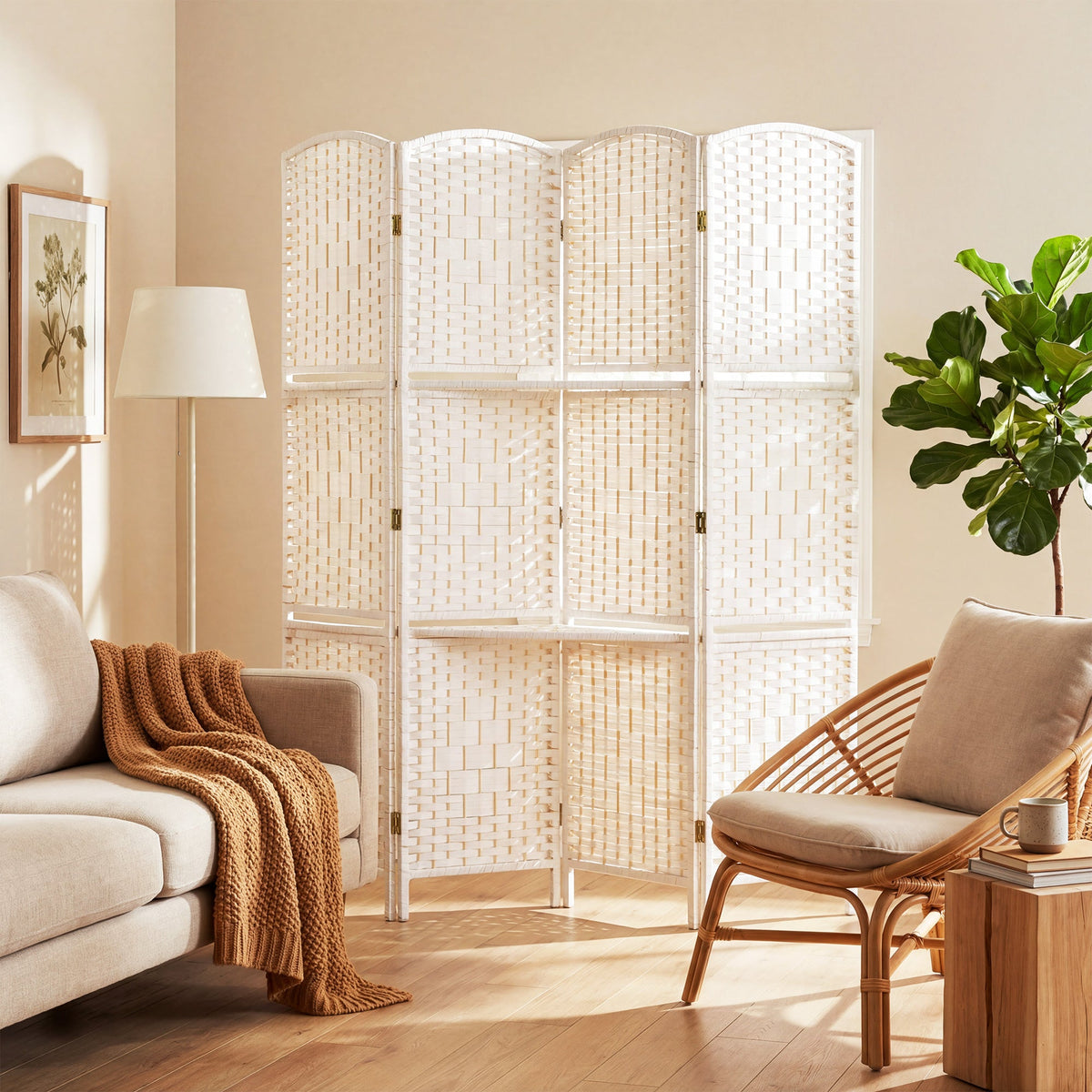 4 Panel Folding Room Divider, Freestanding Privacy Screen for Living Room, Bedroom and Office, 160 x 170cm, White