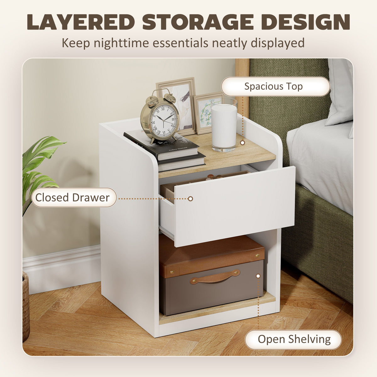 Modern Bedside Table, Slim Nightstand with Drawer, Shelf and Cable Holes, Bedside Cabinet for Bedroom, Living Room, White and Oak