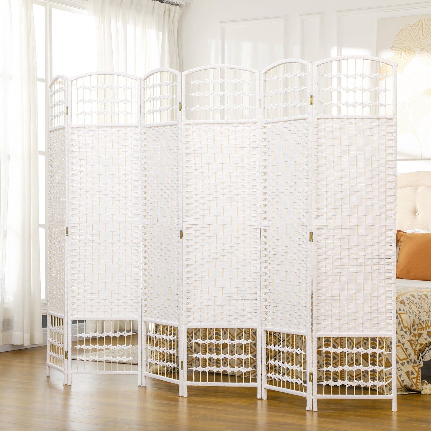 6 Panel Folding Room Divider, Privacy Screen, Freestanding Paravent Partition Separator for Living Room, Bedroom and Office, 240 x 170cm, White