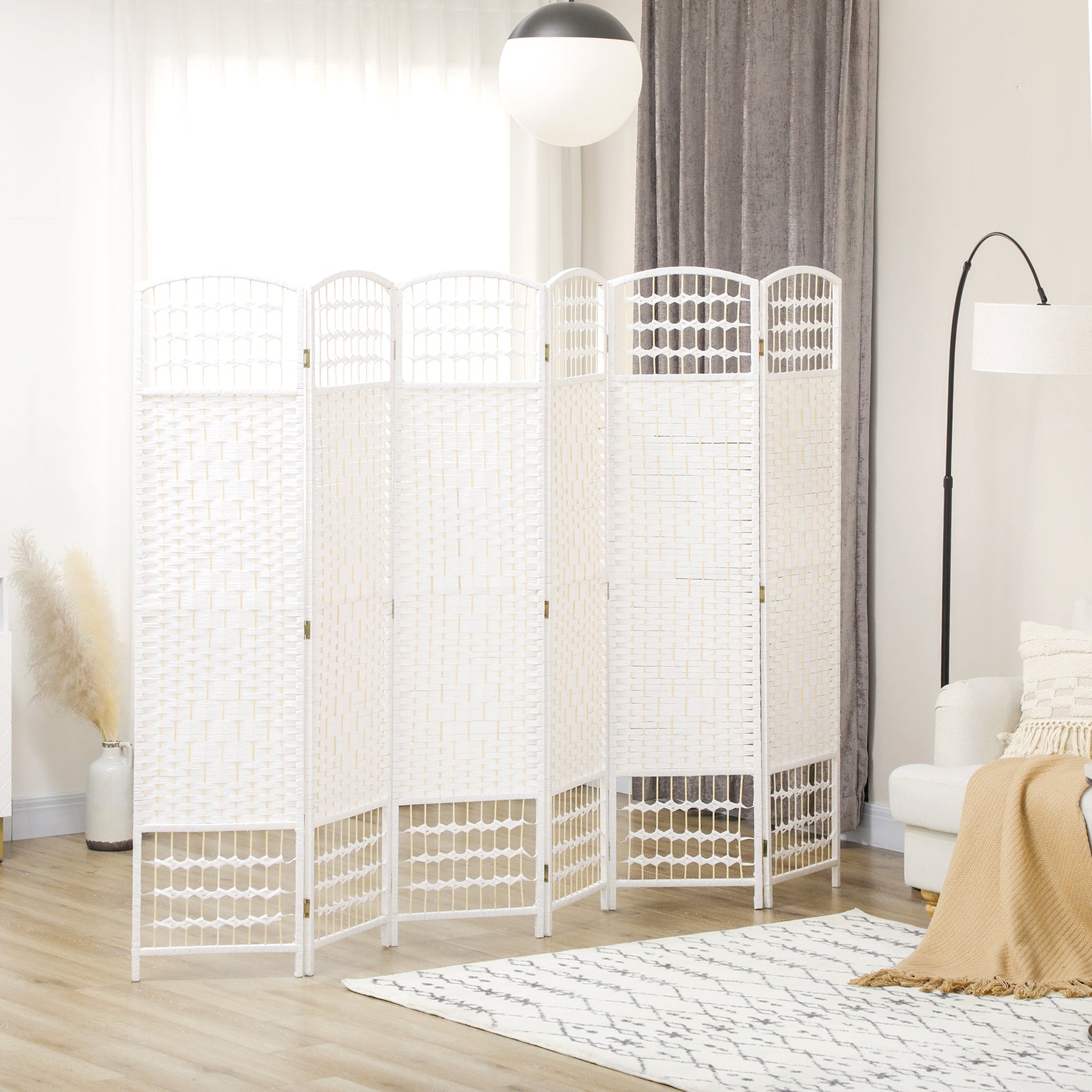 6 Panel Folding Room Divider, Privacy Screen, Freestanding Paravent Partition Separator for Living Room, Bedroom and Office, 240 x 170cm, White