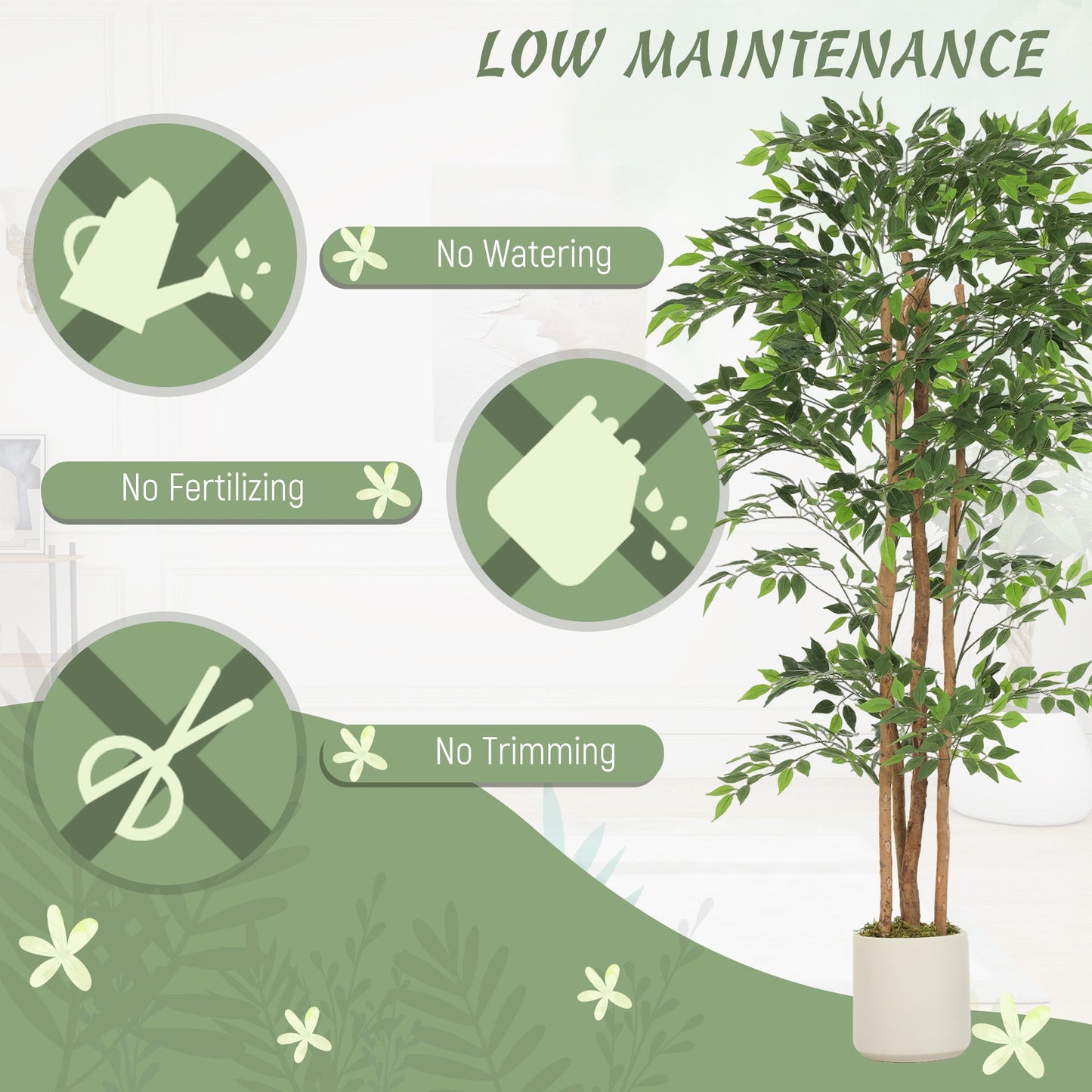 180cm Artificial Ficus Tree, Decorative Artificial Plant with Solid Wood Trunk and Pot for Indoor Living Room Home Office Decor, Green