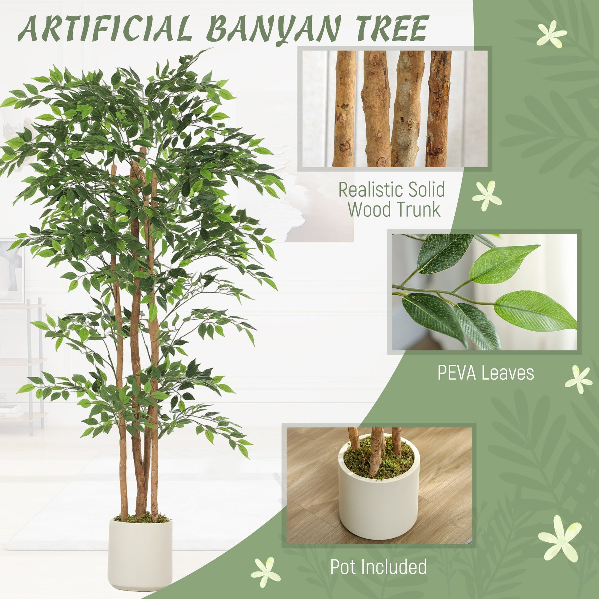 180cm Artificial Ficus Tree, Decorative Artificial Plant with Solid Wood Trunk and Pot for Indoor Living Room Home Office Decor, Green