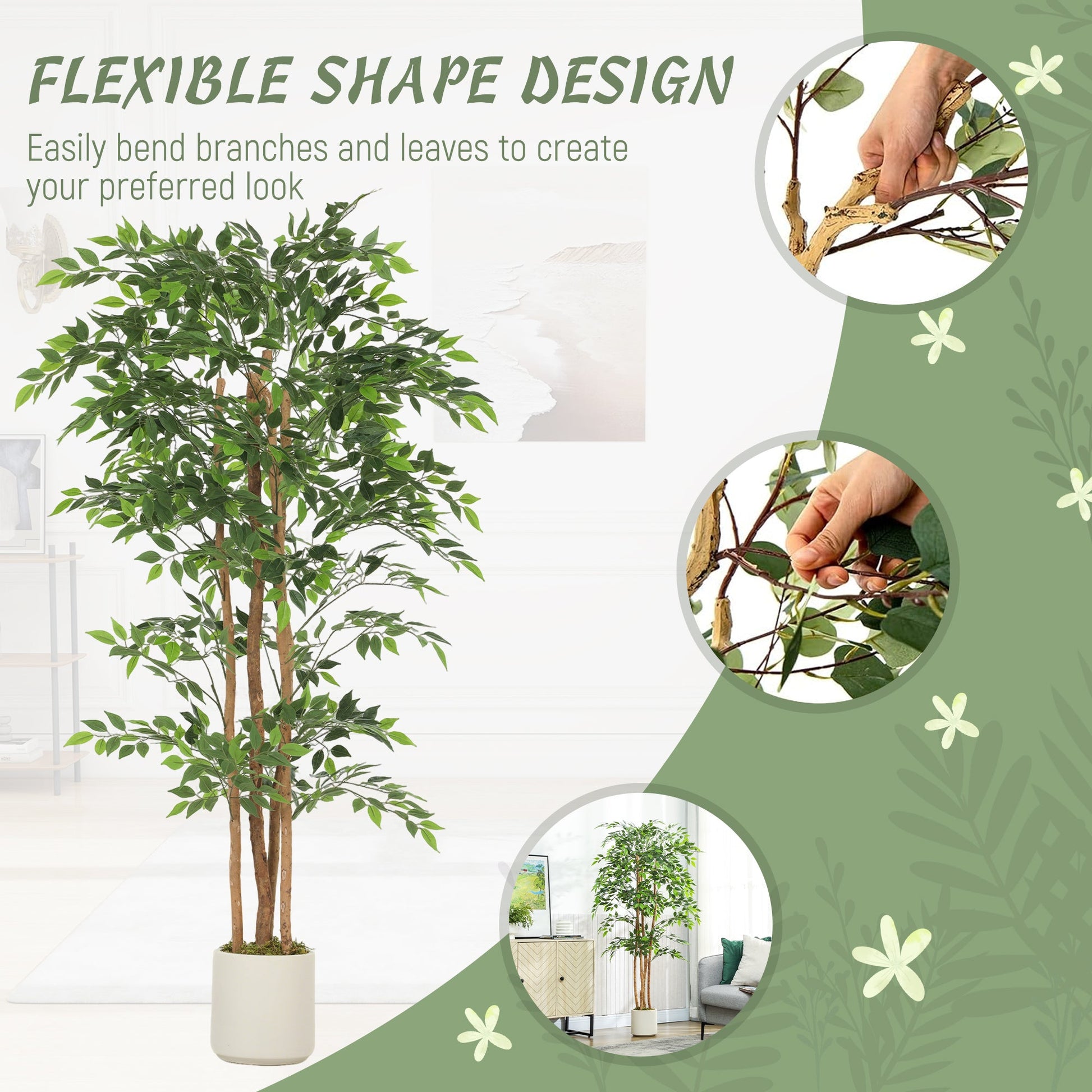 180cm Artificial Ficus Tree, Decorative Artificial Plant with Solid Wood Trunk and Pot for Indoor Living Room Home Office Decor, Green