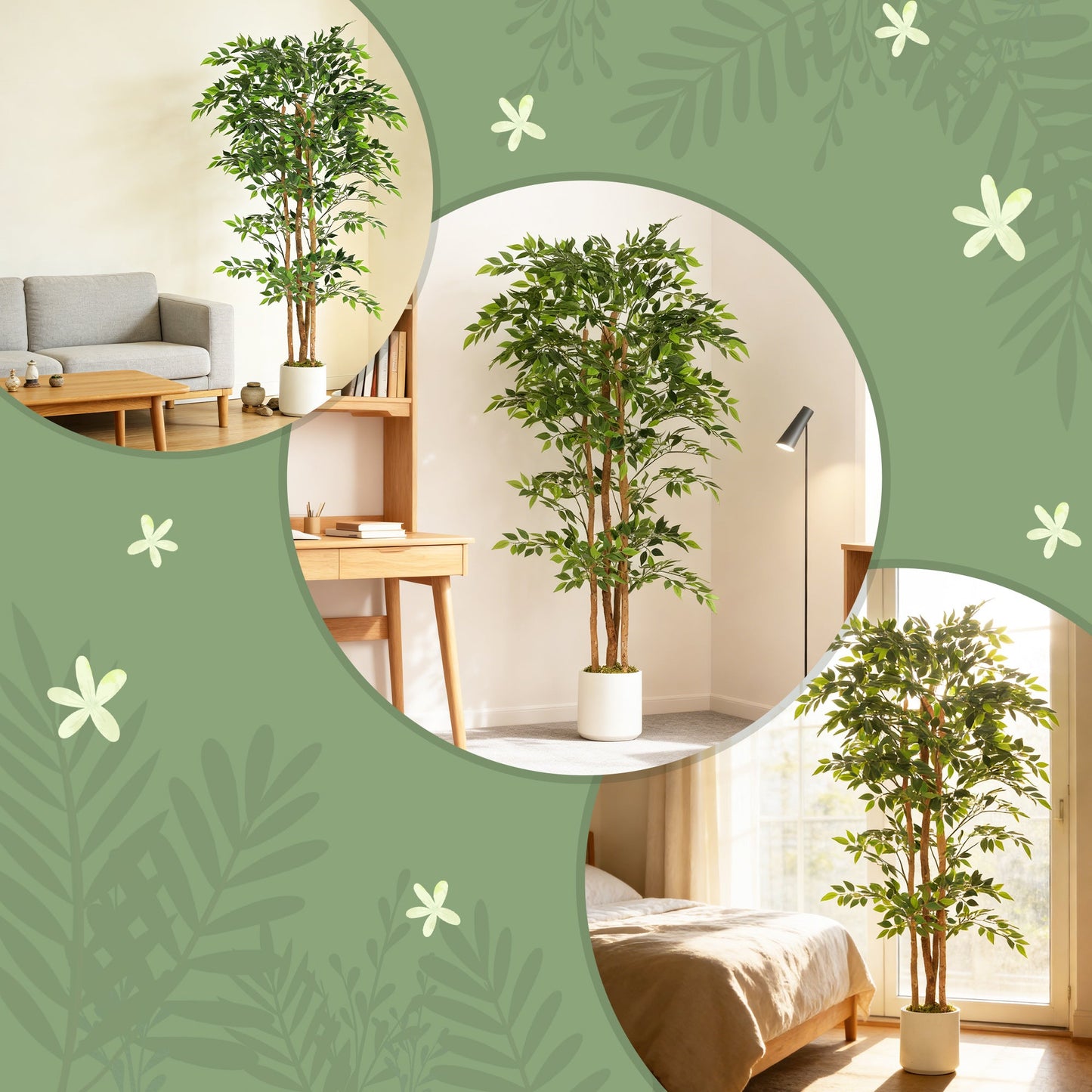 180cm Artificial Ficus Tree, Decorative Artificial Plant with Solid Wood Trunk and Pot for Indoor Living Room Home Office Decor, Green