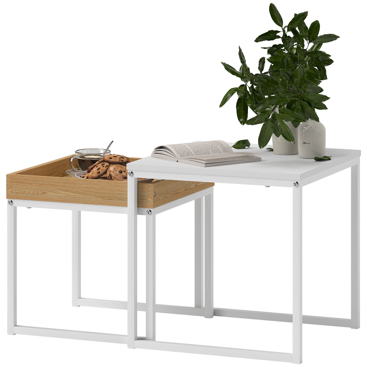 HOMCOM Nesting Coffee Table Set of 2, Modern Nest of Tables, Square Sofa Side Tables with Steel Frame for Living Room, Bedroom, Small Space, White