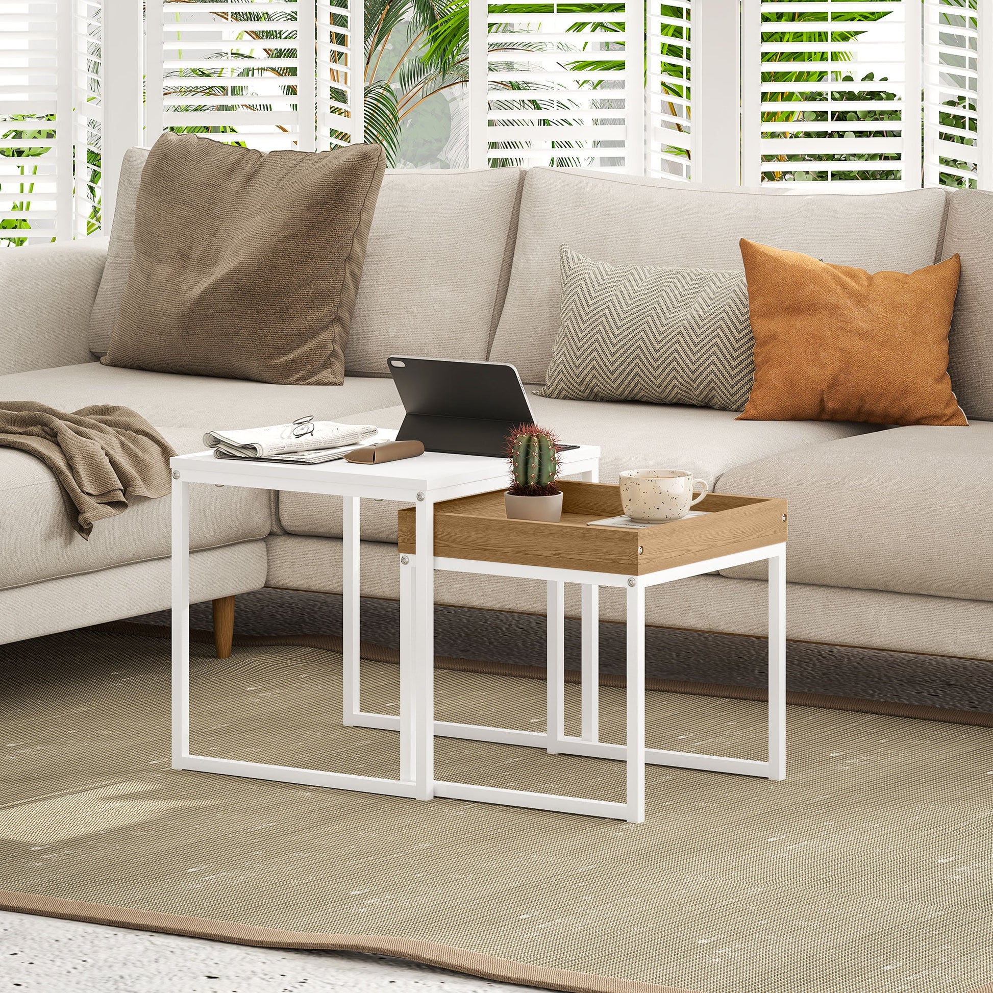 HOMCOM Nesting Coffee Table Set of 2, Modern Nest of Tables, Square Sofa Side Tables with Steel Frame for Living Room, Bedroom, Small Space, White