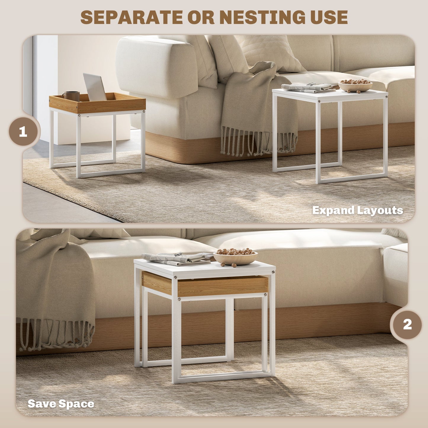 HOMCOM Nesting Coffee Table Set of 2, Modern Nest of Tables, Square Sofa Side Tables with Steel Frame for Living Room, Bedroom, Small Space, White