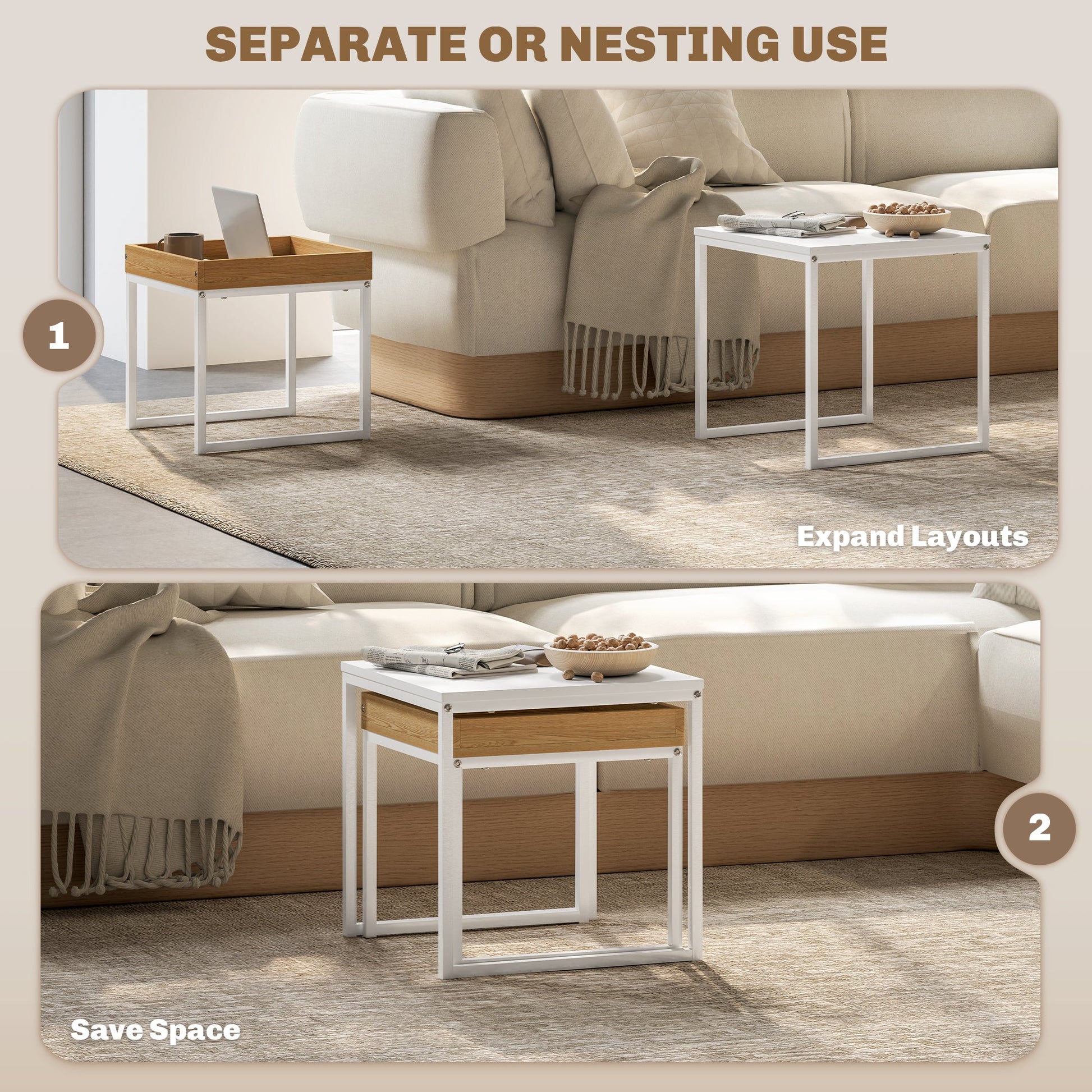 HOMCOM Nesting Coffee Table Set of 2, Modern Nest of Tables, Square Sofa Side Tables with Steel Frame for Living Room, Bedroom, Small Space, White