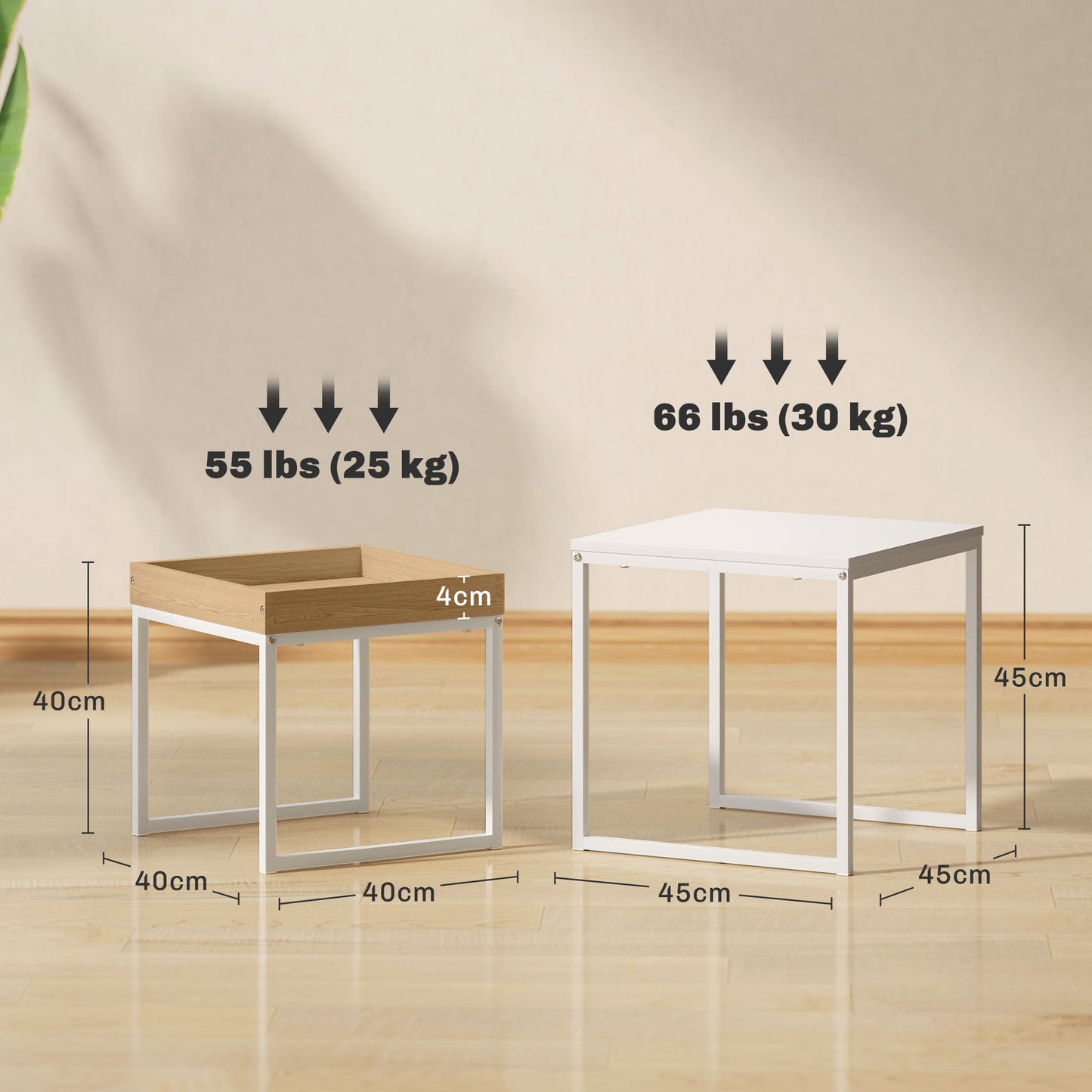 HOMCOM Nesting Coffee Table Set of 2, Modern Nest of Tables, Square Sofa Side Tables with Steel Frame for Living Room, Bedroom, Small Space, White