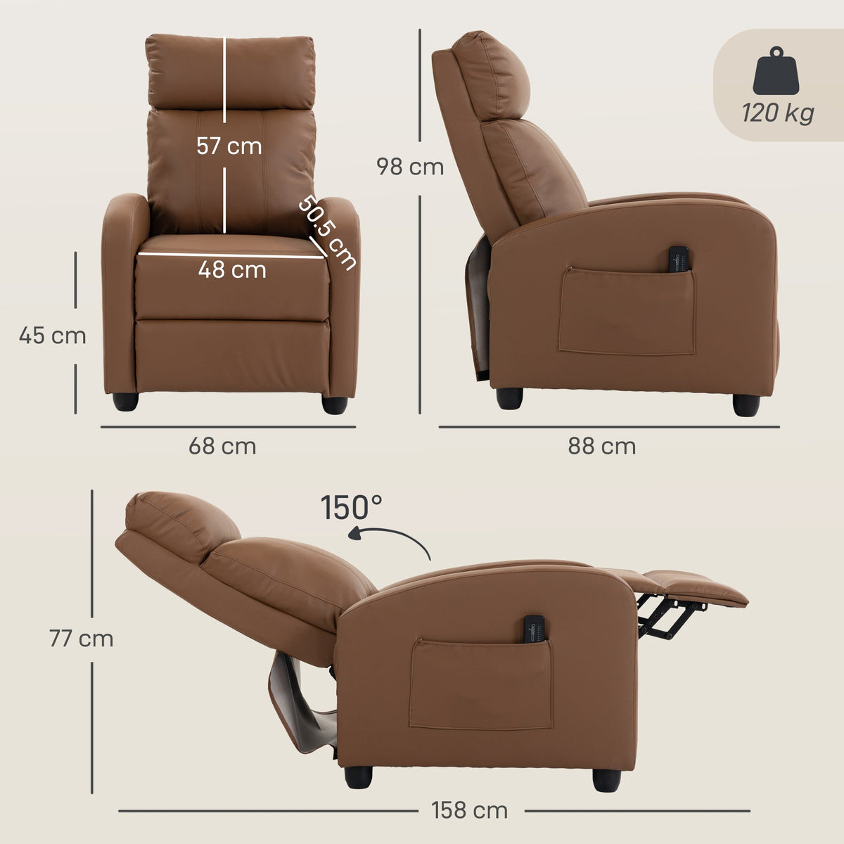 Recliner Armchair, Massage Faux Leather Push Back Reclining Chair with Adjustable Leg Rest, Side Pocket, for Home Living Room Theatre, Dark Brown