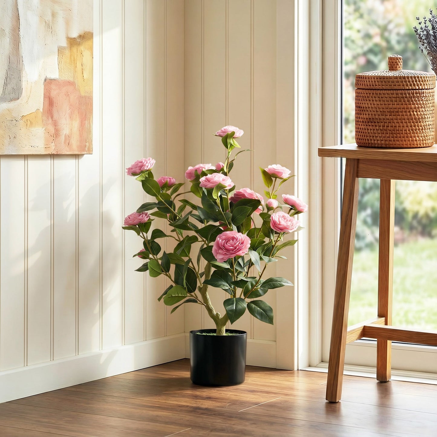 65cm Artificial Camellia Flower Plant in Pot, Realistic Silk Flowers with 116 Lush Leaves & Moss Effect, Faux Tree for Outdoor Indoor Garden Porch Decor, Pink