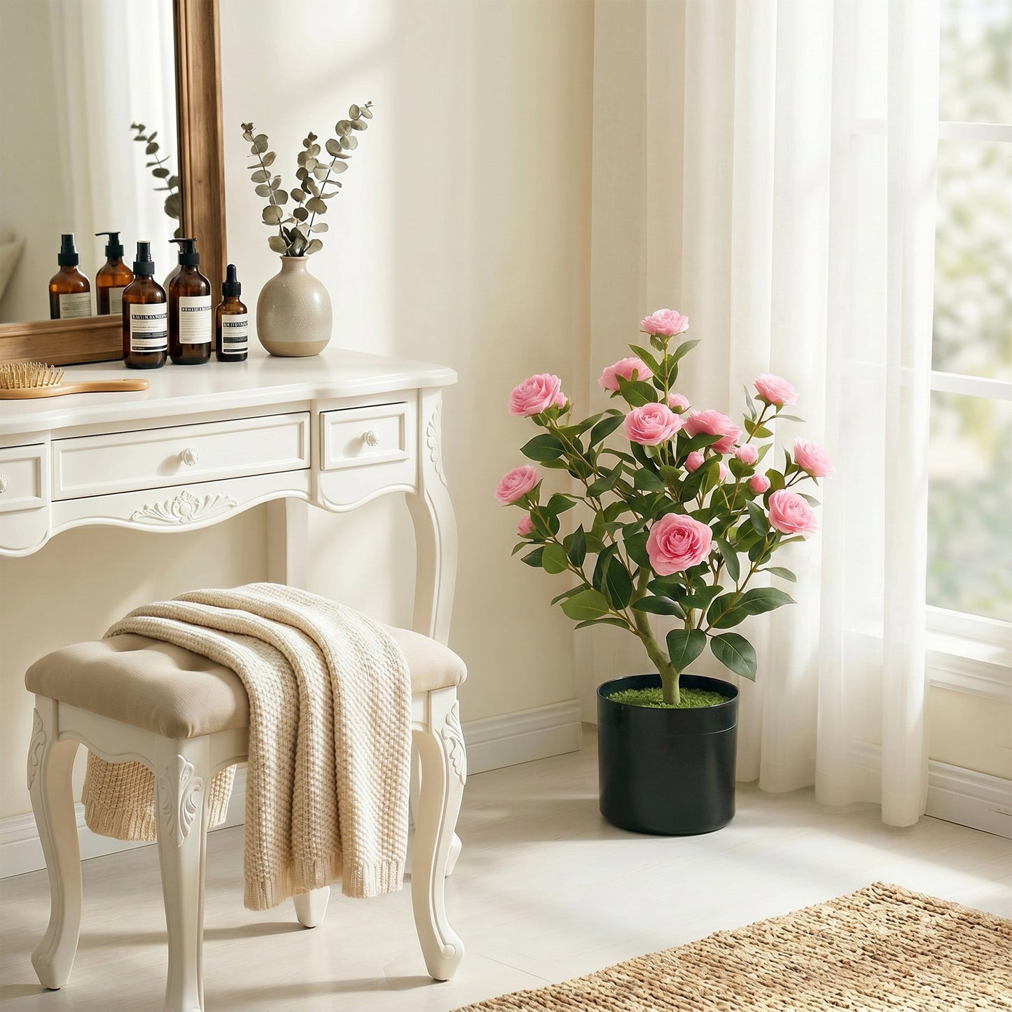 65cm Artificial Camellia Flower Plant in Pot, Realistic Silk Flowers with 116 Lush Leaves & Moss Effect, Faux Tree for Outdoor Indoor Garden Porch Decor, Pink
