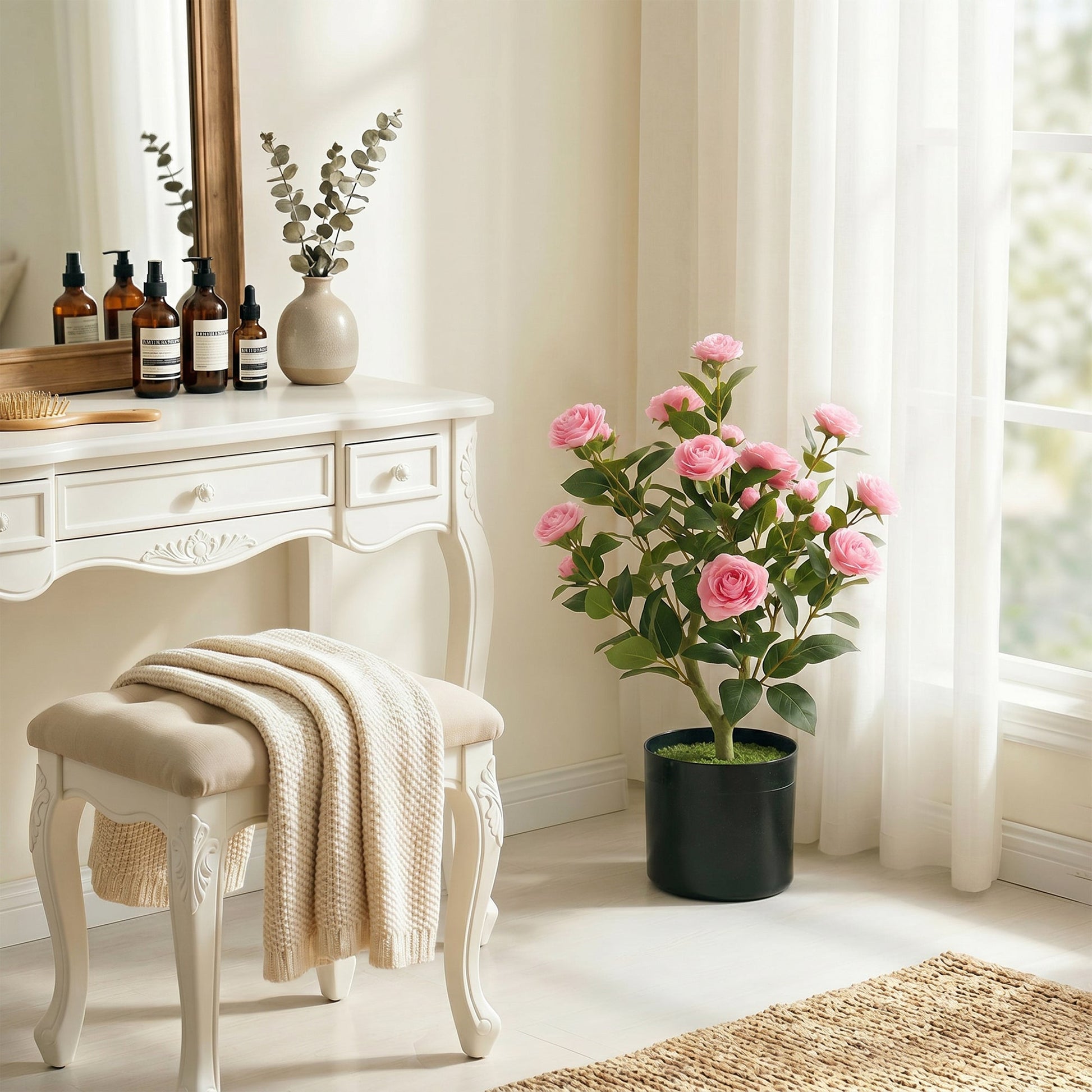 65cm Artificial Camellia Flower Plant in Pot, Realistic Silk Flowers with 116 Lush Leaves & Moss Effect, Faux Tree for Outdoor Indoor Garden Porch Decor, Pink