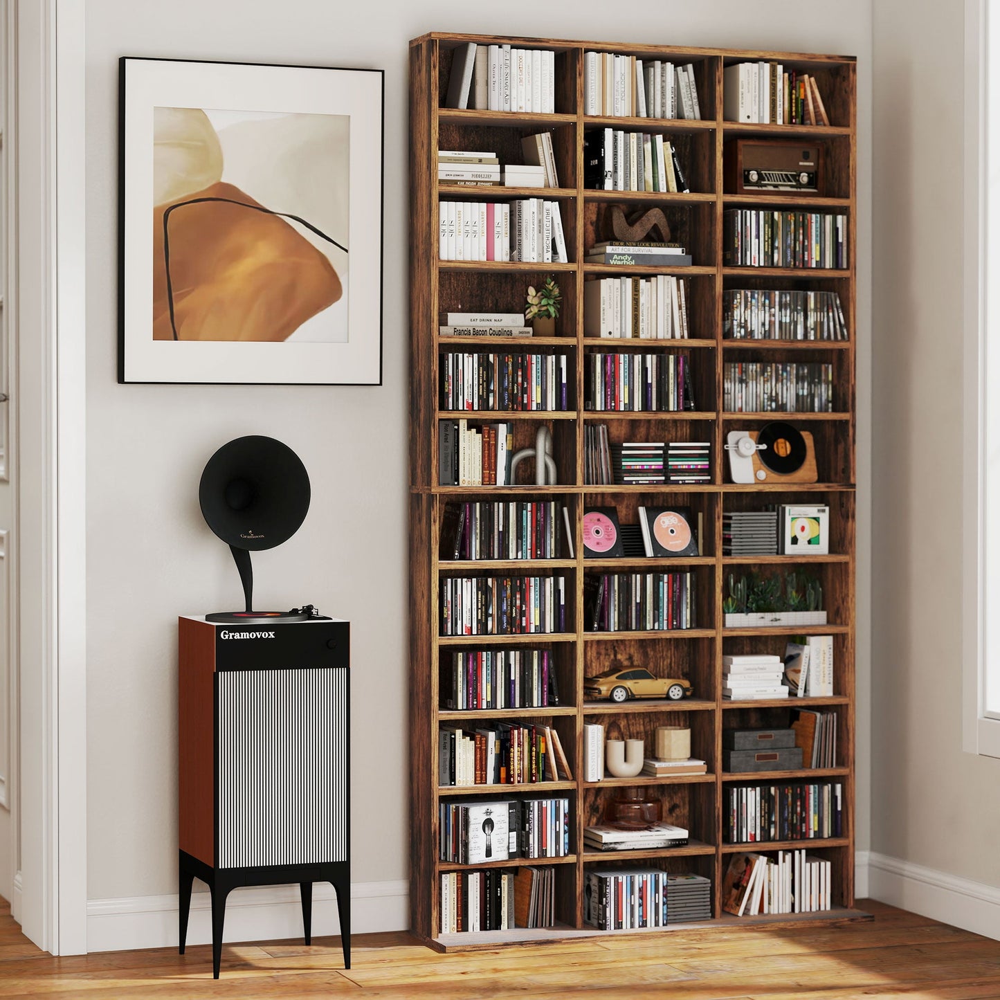 1116 CD/ 528 DVD Storage Unit, Media Storage Shelf, Wooden Display Unit with Adjustable Shelves, 102 x 195 cm, Rustic Brown