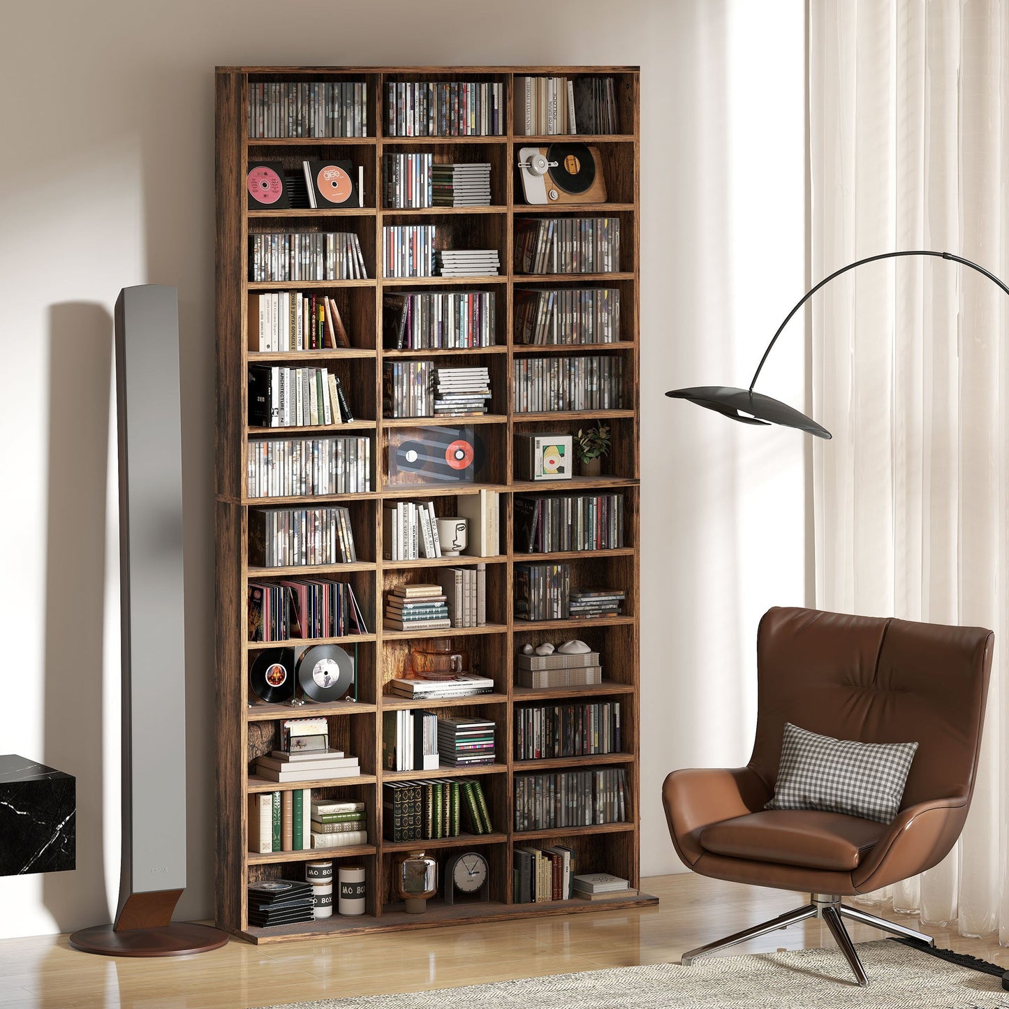 1116 CD/ 528 DVD Storage Unit, Media Storage Shelf, Wooden Display Unit with Adjustable Shelves, 102 x 195 cm, Rustic Brown