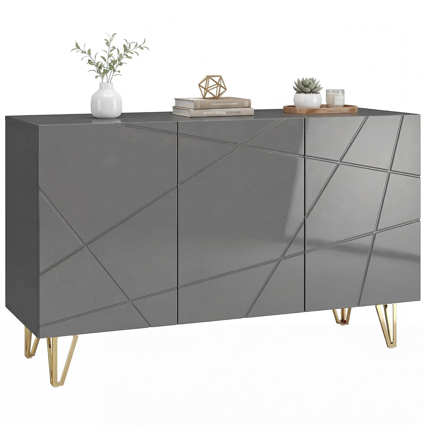 Storage Cabinet with High Gloss, Freestanding Sideboard with Adjustable Shelves, Soft-Close Doors and Gold Tone Hairpin Legs for Living Room, Dining Room, Hallway, Grey
