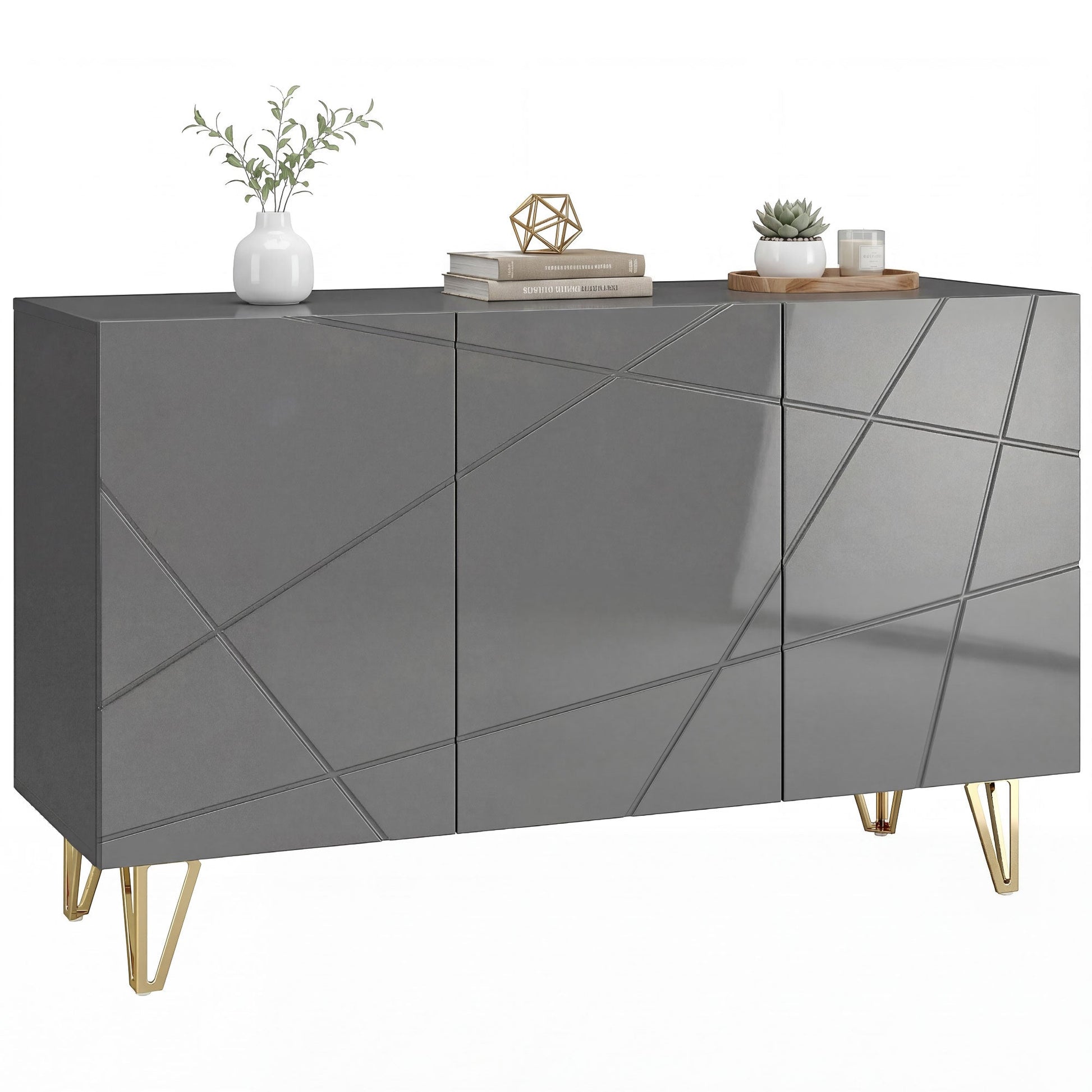 Storage Cabinet with High Gloss, Freestanding Sideboard with Adjustable Shelves, Soft-Close Doors and Gold Tone Hairpin Legs for Living Room, Dining Room, Hallway, Grey