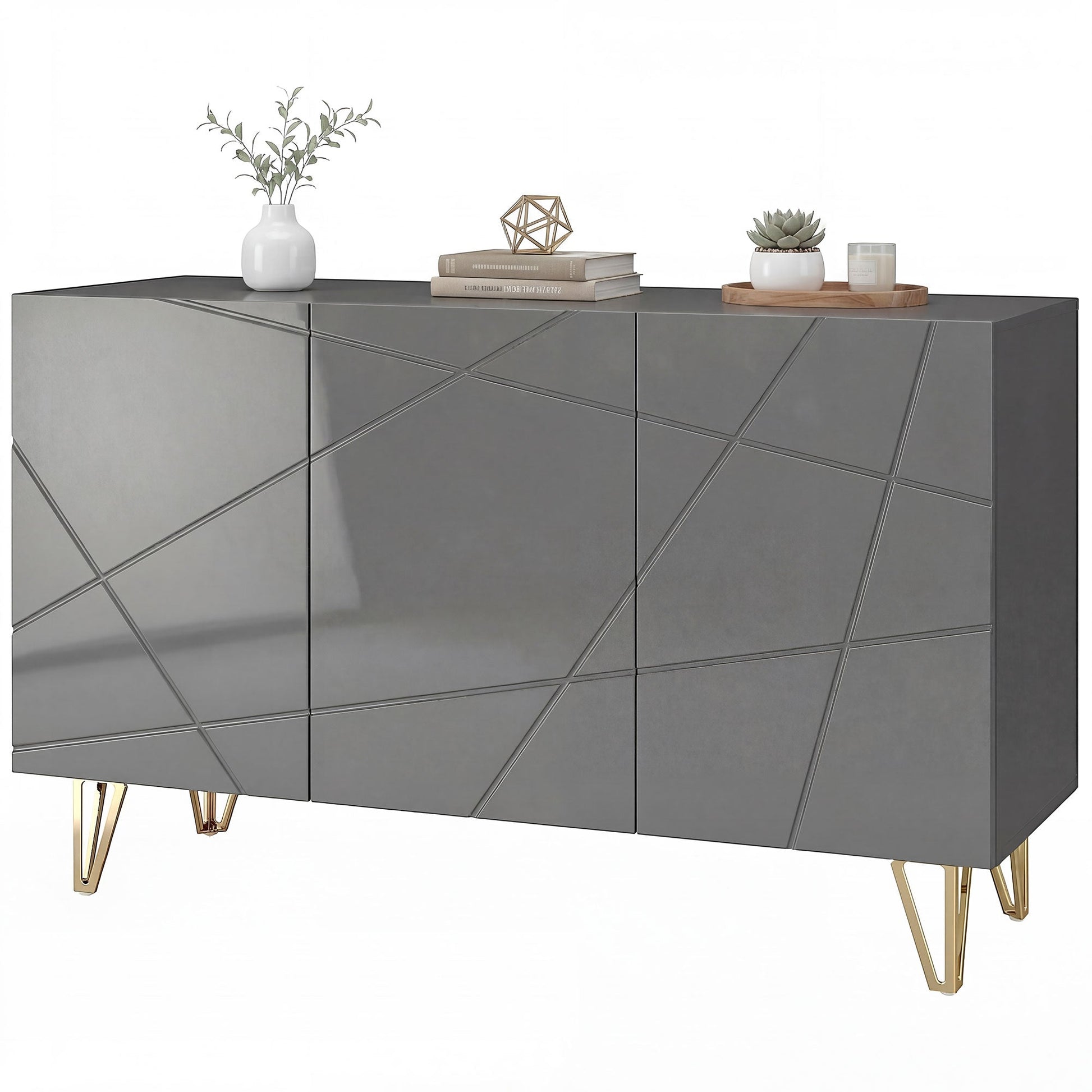 Storage Cabinet with High Gloss, Freestanding Sideboard with Adjustable Shelves, Soft-Close Doors and Gold Tone Hairpin Legs for Living Room, Dining Room, Hallway, Grey