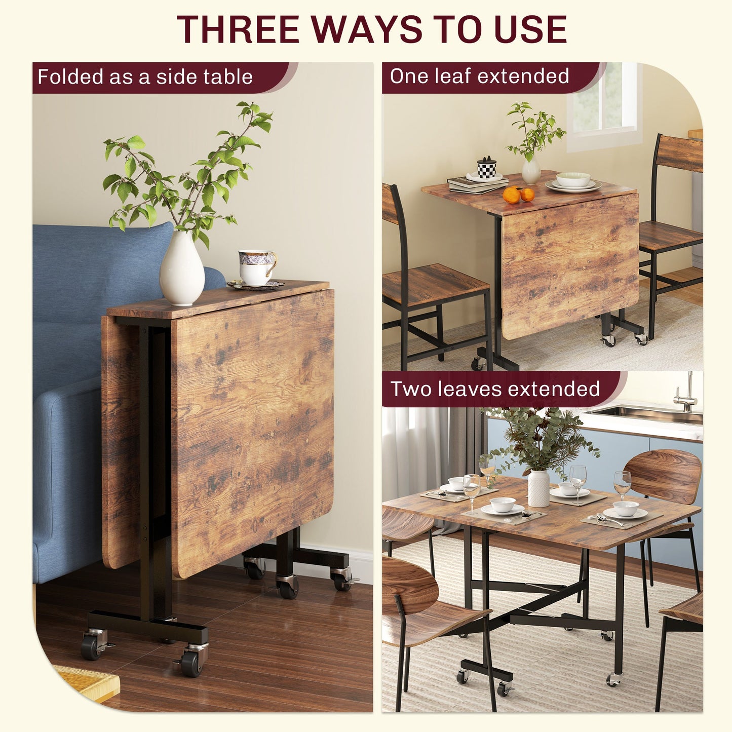 Mobile Drop Leaf Table, Folding Dining Table with 6 Wheels & Brakes, Kitchen Table for Small Spaces, Rustic Brown