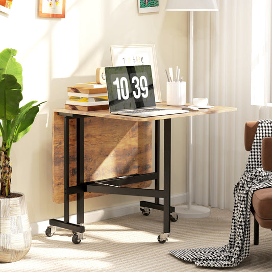 Mobile Drop Leaf Table, Folding Dining Table with 6 Wheels & Brakes, Kitchen Table for Small Spaces, Rustic Brown