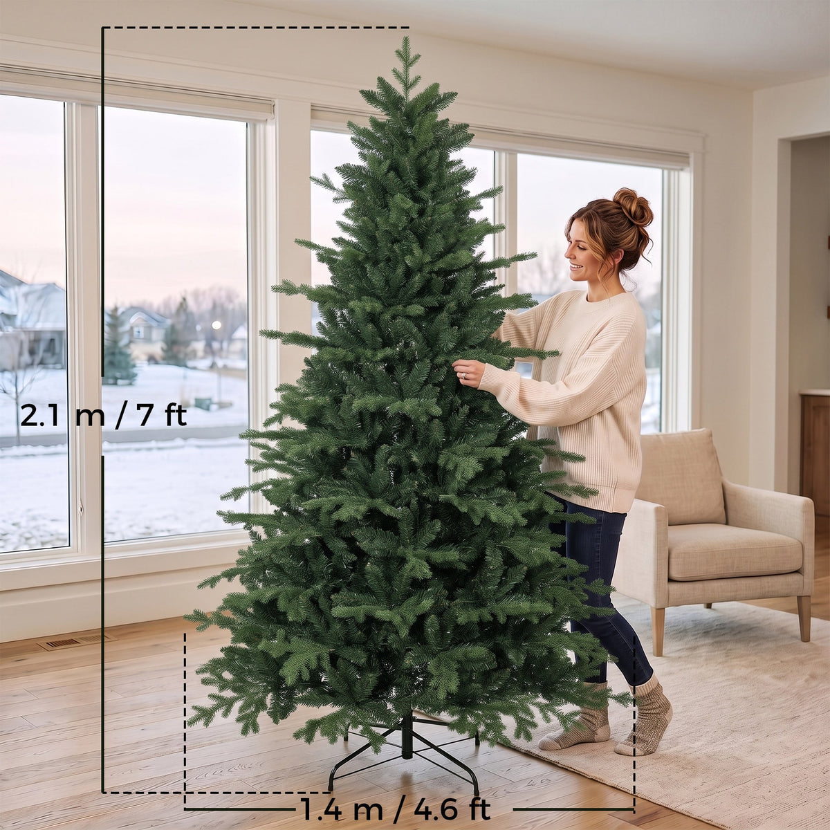 7ft Artificial Christmas Tree with 2080 Realistic Tips, Hinged Xmas Tree with Wide Shape, Foldable Metal Base for Home Office Holiday Decoration, Green