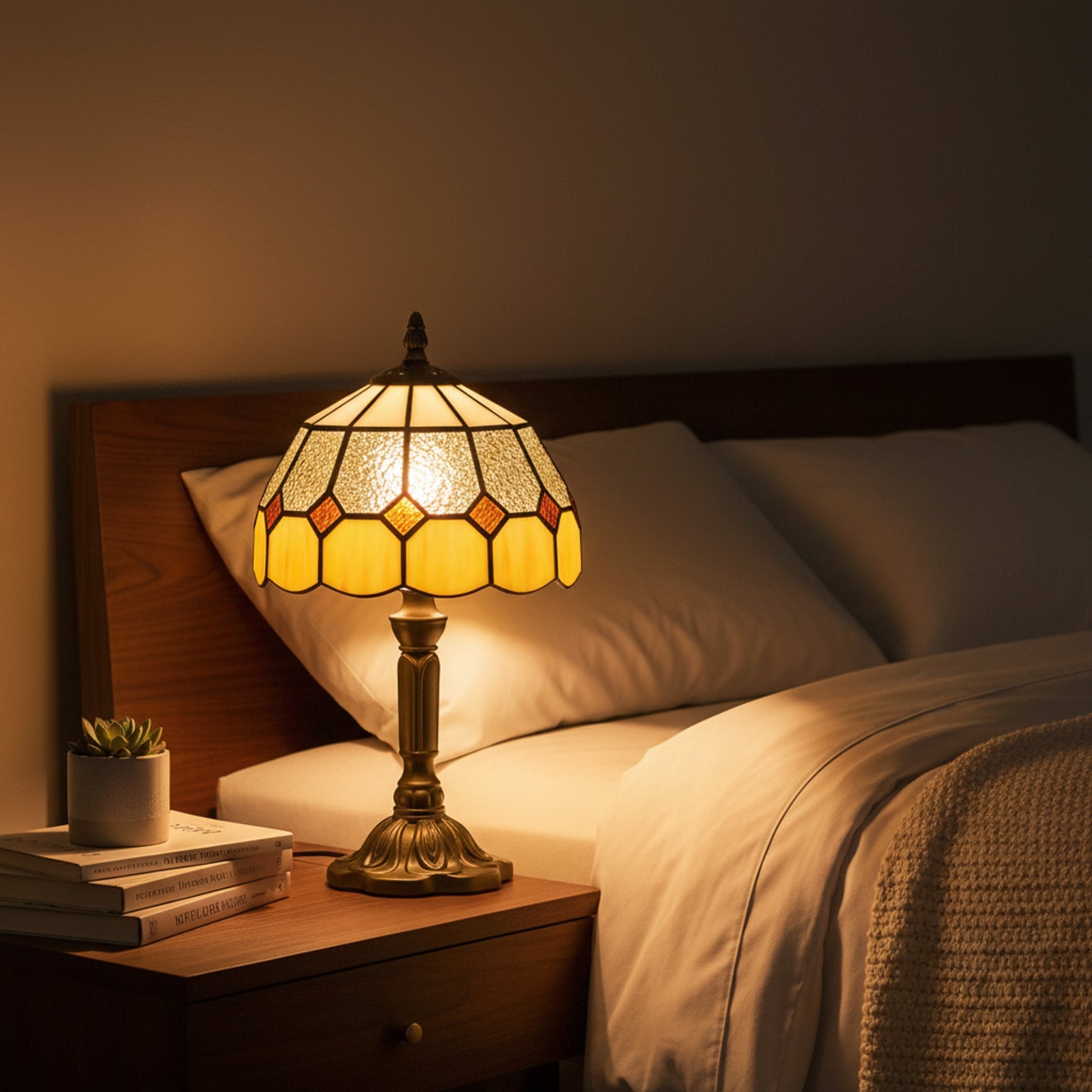 Handmade Stained Glass Table Lamp, Tiffany-Style Bedside Lamp for Bedroom, Living room, Home, Nightstand, Decorative Night Light, Orange