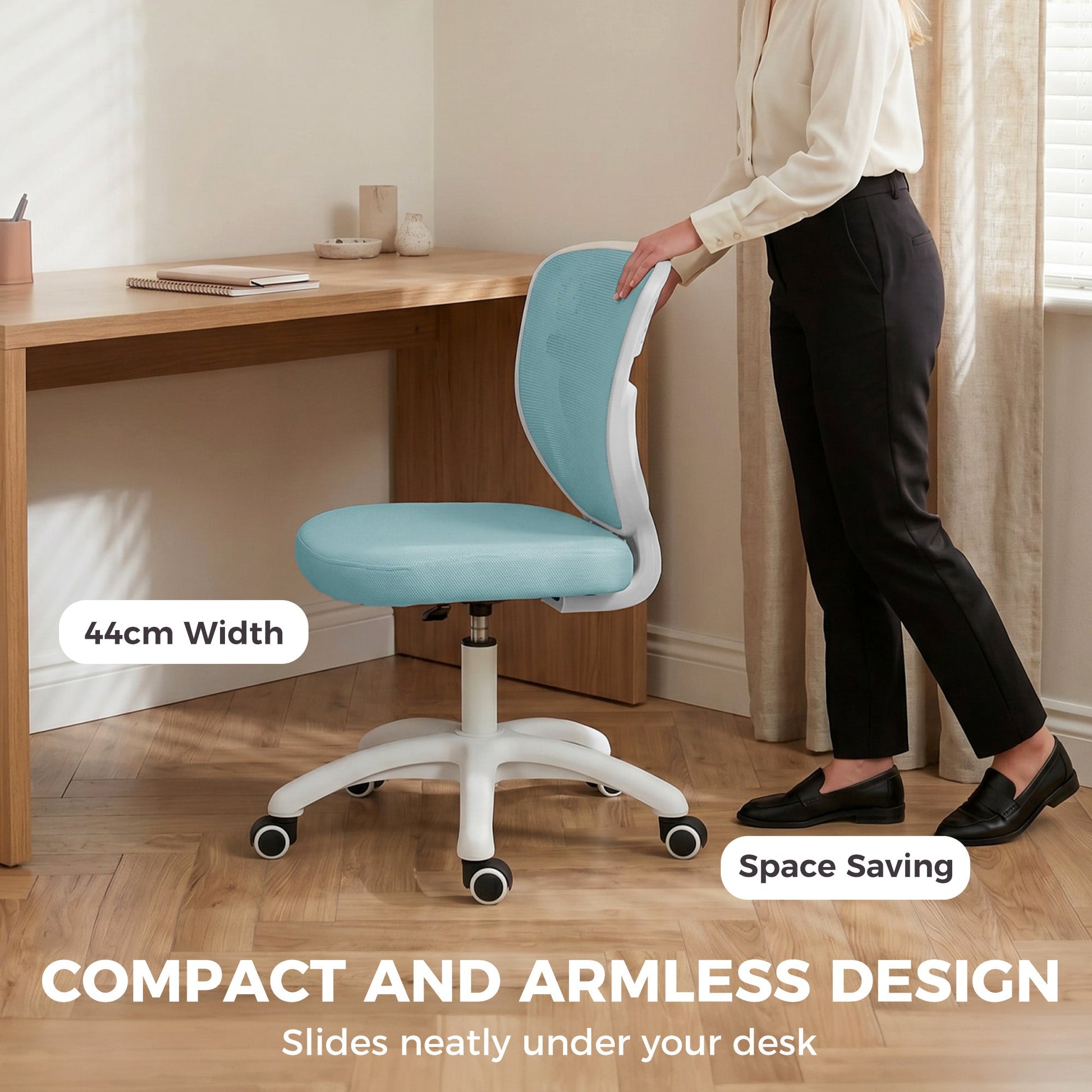 Ergonomic Office Chair, Armless Computer Desk Chair with Breathable Mesh Back, Padded Seat and Swivel Wheels, Adjustable Height for Home Office Study Bedroom, Light Blue