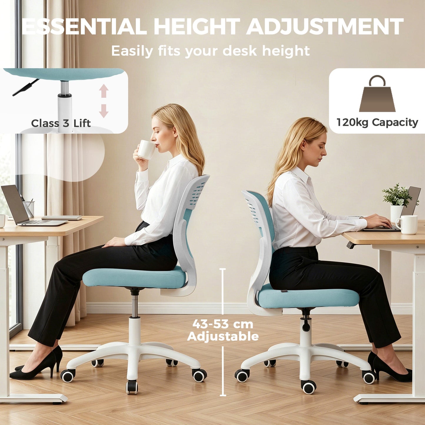 Ergonomic Office Chair, Armless Computer Desk Chair with Breathable Mesh Back, Padded Seat and Swivel Wheels, Adjustable Height for Home Office Study Bedroom, Light Blue