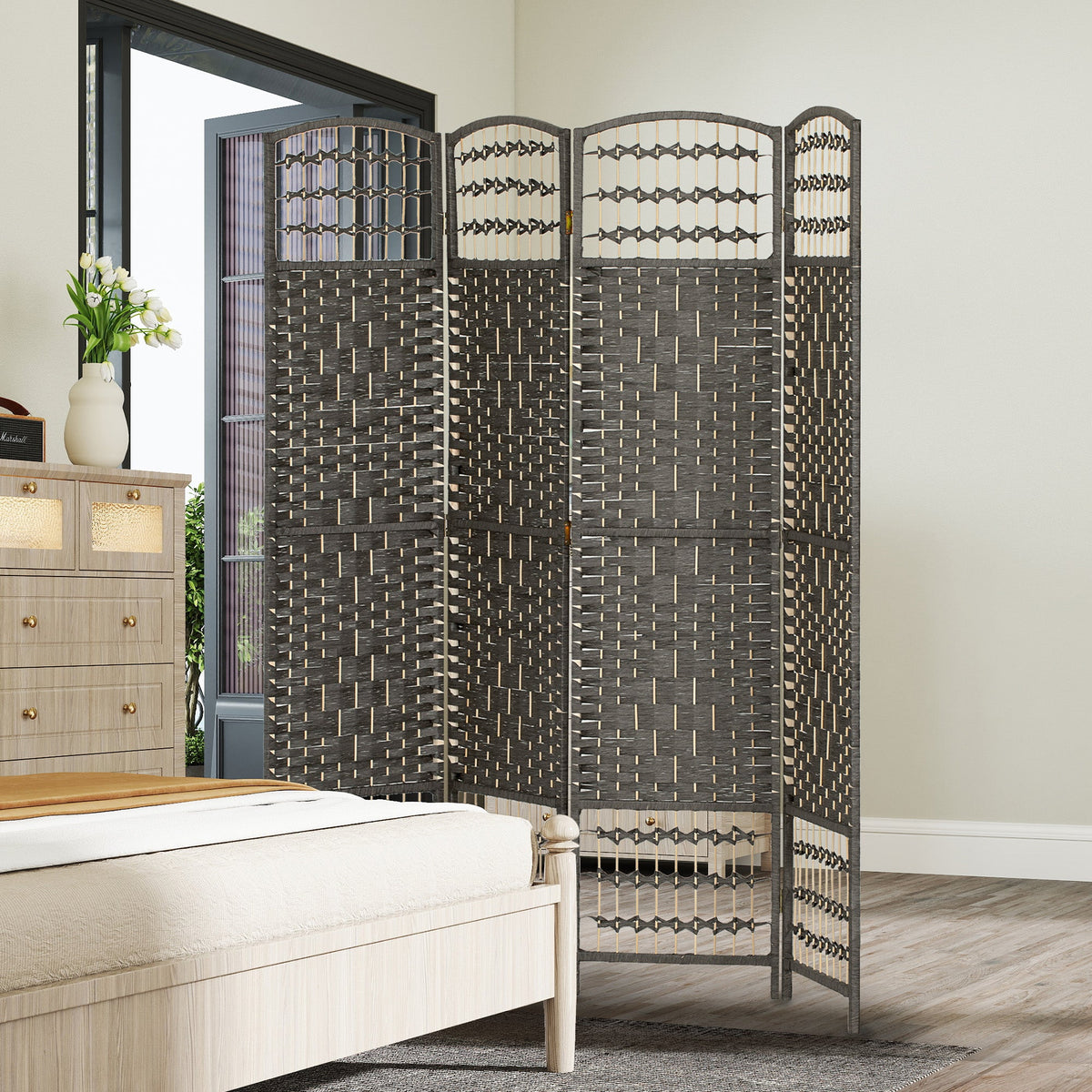 4 Panel Folding Room Divider, Privacy Screen, Freestanding Paravent Partition Separator for Living Room and Office, 160 x 170cm,  Dark Grey