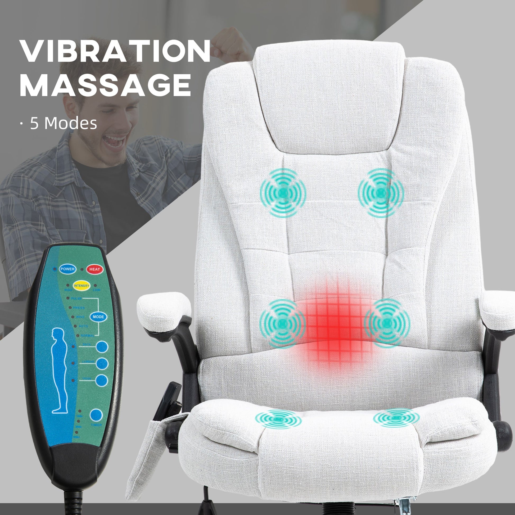 Vinsetto Office Chair, Ergonomic Desk Chair with 6-Point Massage and Back Heated, Linen-Feel Fabric Computer Gaming Chair with Arms, Lumbar Support, Cream White