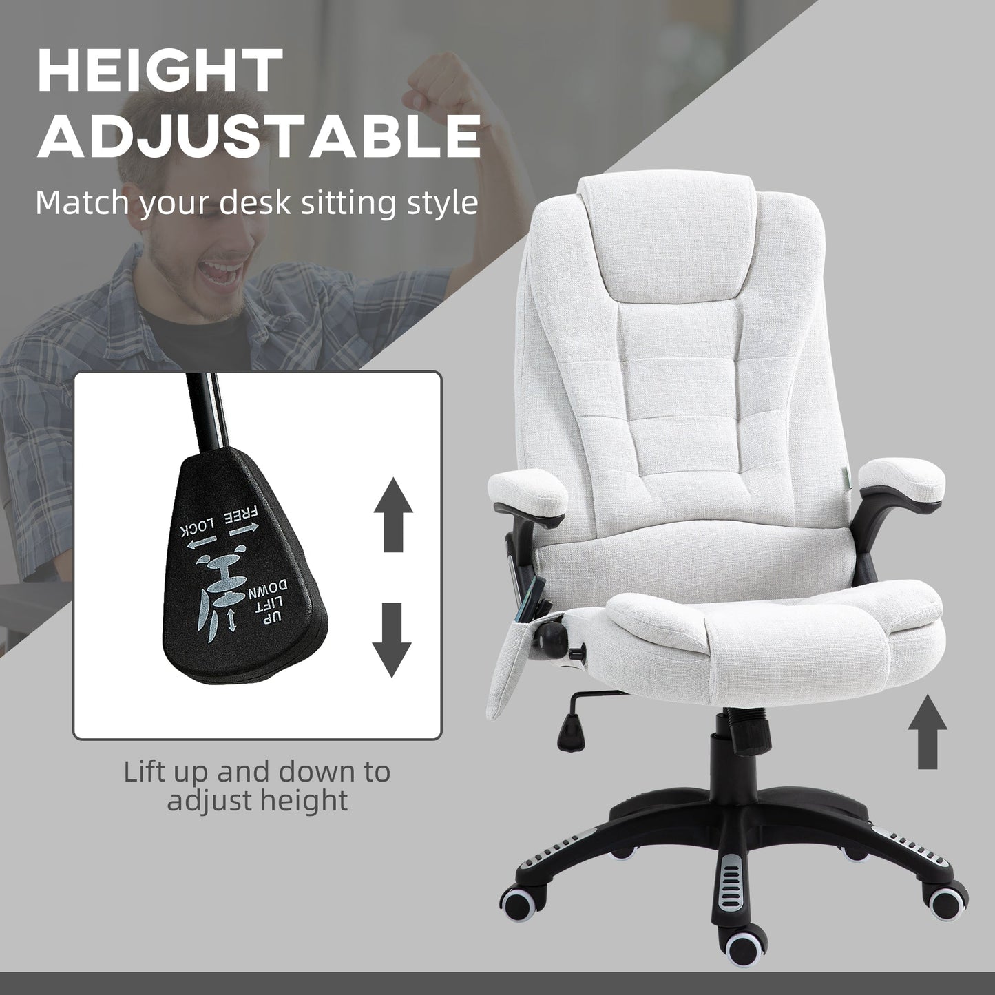Vinsetto Office Chair, Ergonomic Desk Chair with 6-Point Massage and Back Heated, Linen-Feel Fabric Computer Gaming Chair with Arms, Lumbar Support, Cream White