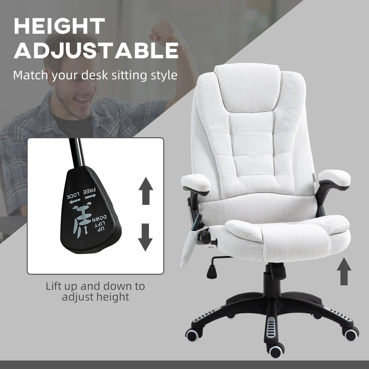 Vinsetto Office Chair, Ergonomic Desk Chair with 6-Point Massage and Back Heated, Linen-Feel Fabric Computer Gaming Chair with Arms, Lumbar Support, Cream White