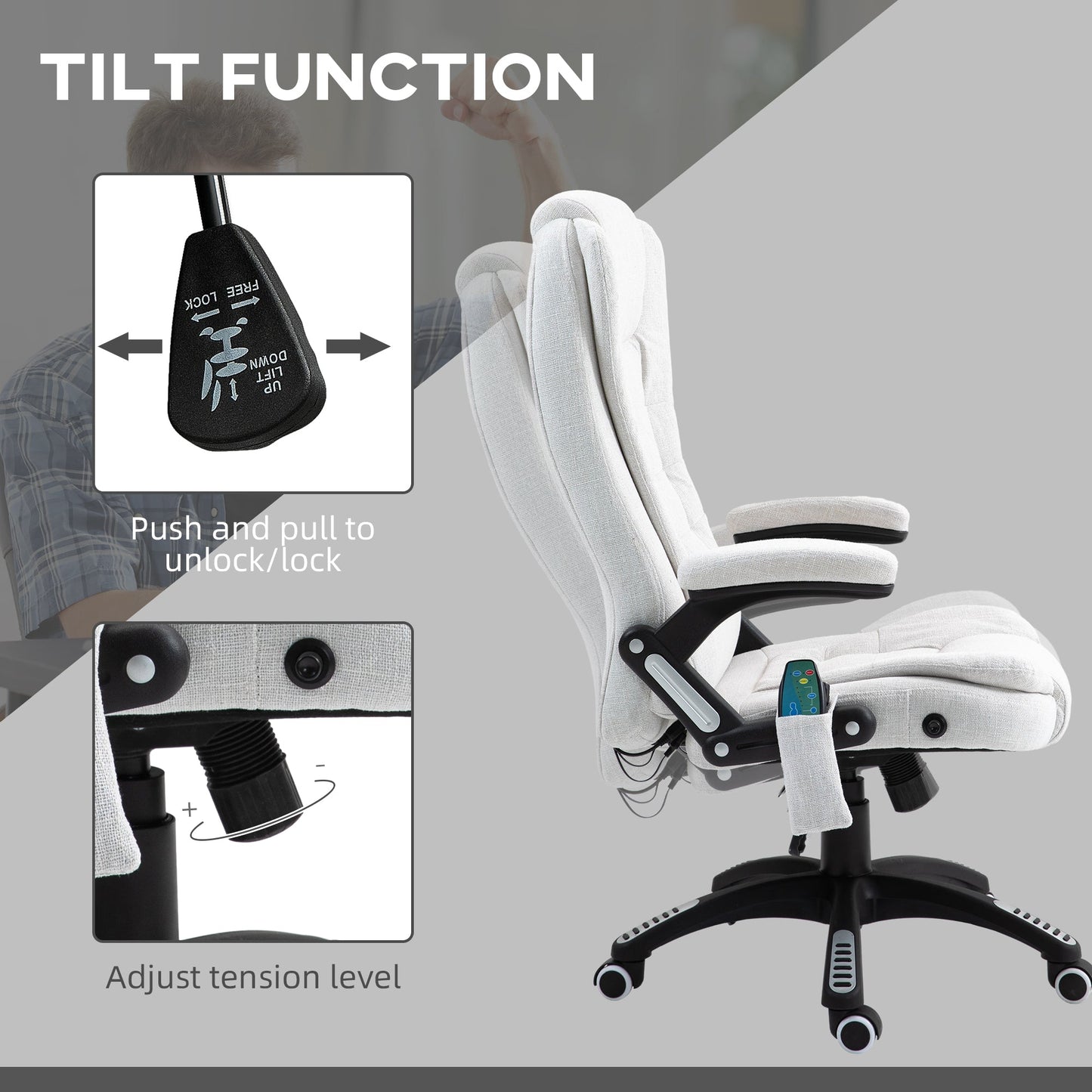 Vinsetto Office Chair, Ergonomic Desk Chair with 6-Point Massage and Back Heated, Linen-Feel Fabric Computer Gaming Chair with Arms, Lumbar Support, Cream White